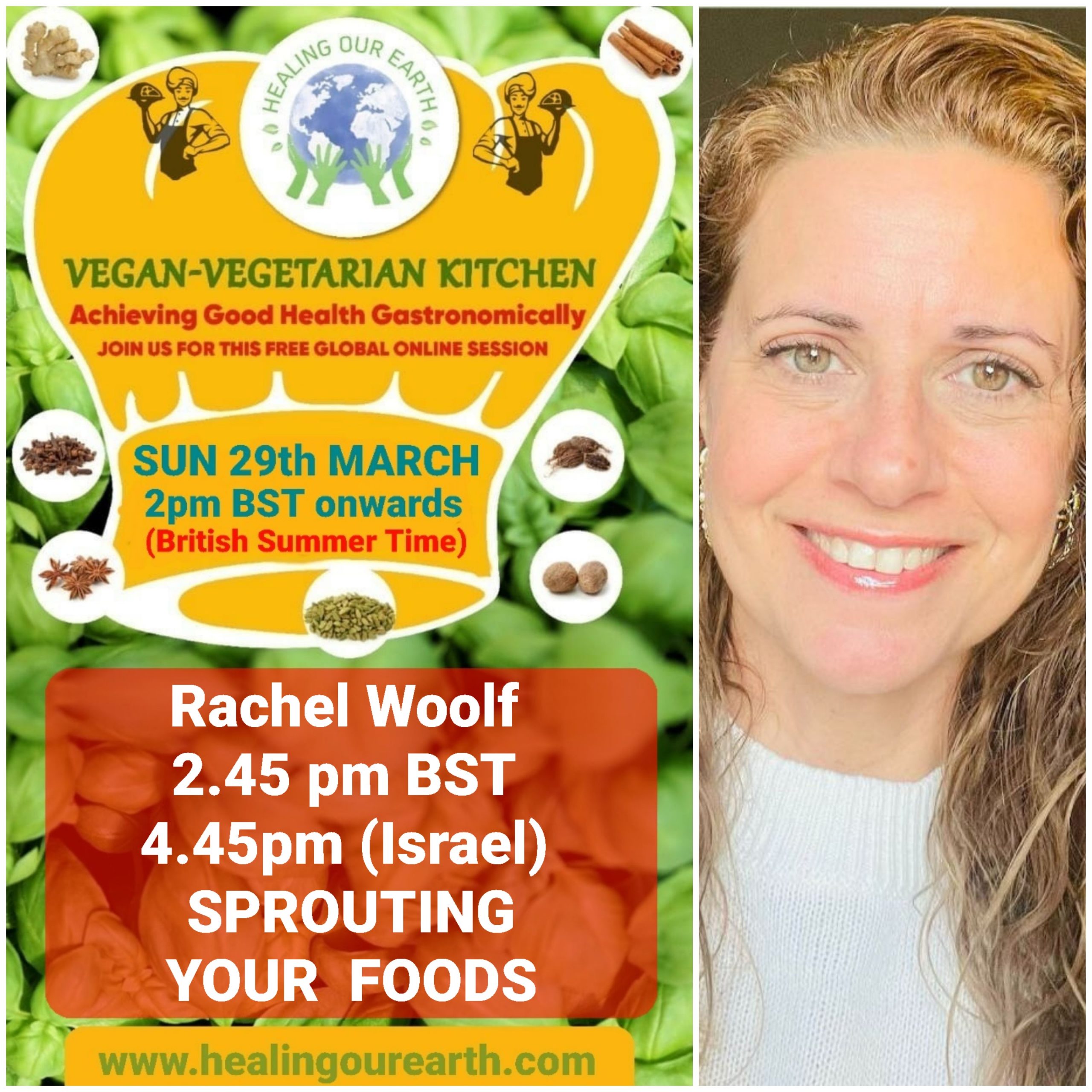 Poster for a vegan-vegetarian online event featuring Dinah Salonga, on Sunday, 23rd March at 2pm GMT. The topic is "Nutrition and Sleep: Diet’s Effect on Sleep." Includes event details, time conversions, logos, and a photo of a person smiling in a casual setting.