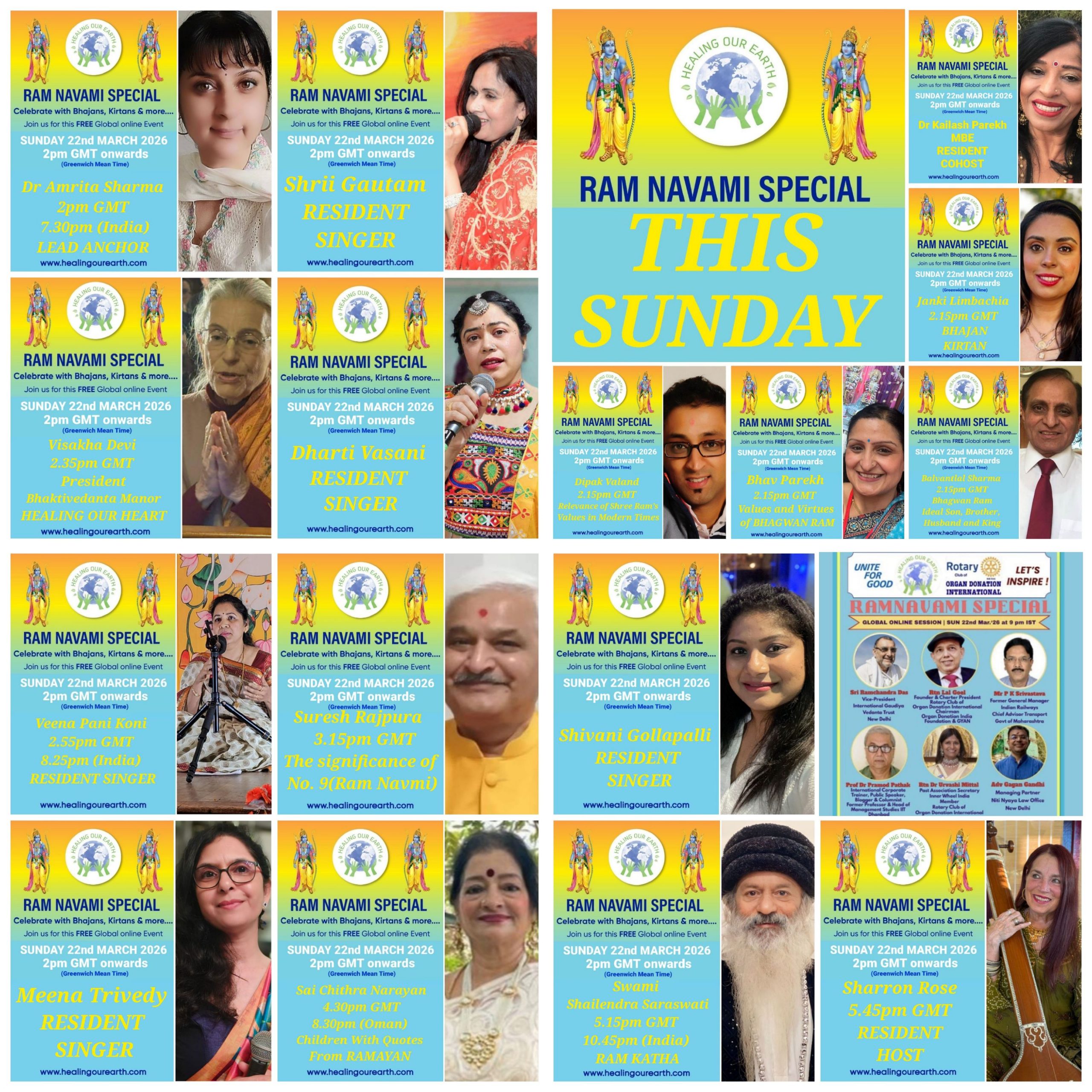 Colorful Ram Navami event poster with two images of a blue-skinned deity, promotional text, and event details. Central graphic features a planet held by hands. Event is on Sunday, 6th April 2025 at 2 PM BST. Website and Facebook link for more info.