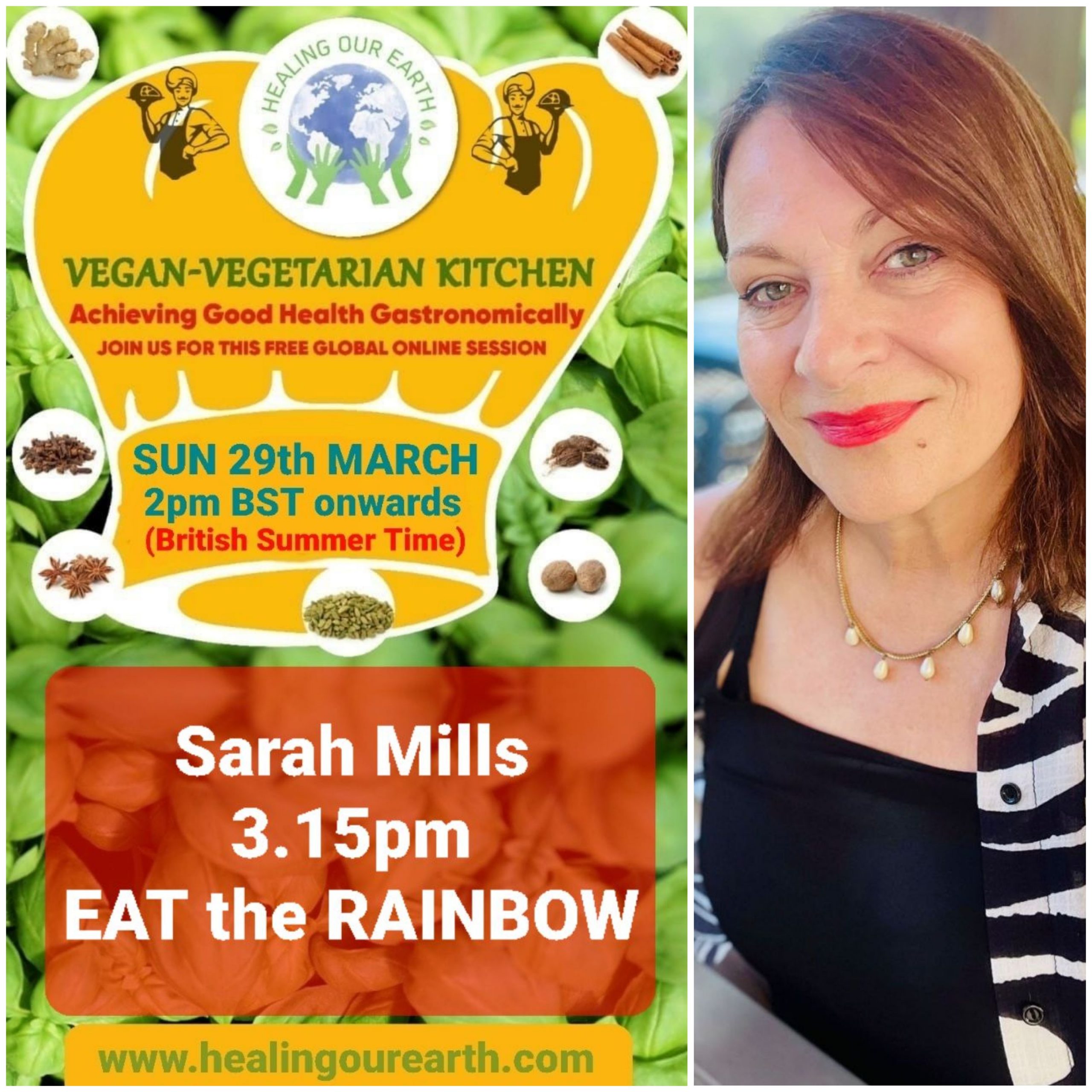 Poster for a vegan-vegetarian online event featuring Dinah Salonga, on Sunday, 23rd March at 2pm GMT. The topic is "Nutrition and Sleep: Diet’s Effect on Sleep." Includes event details, time conversions, logos, and a photo of a person smiling in a casual setting.
