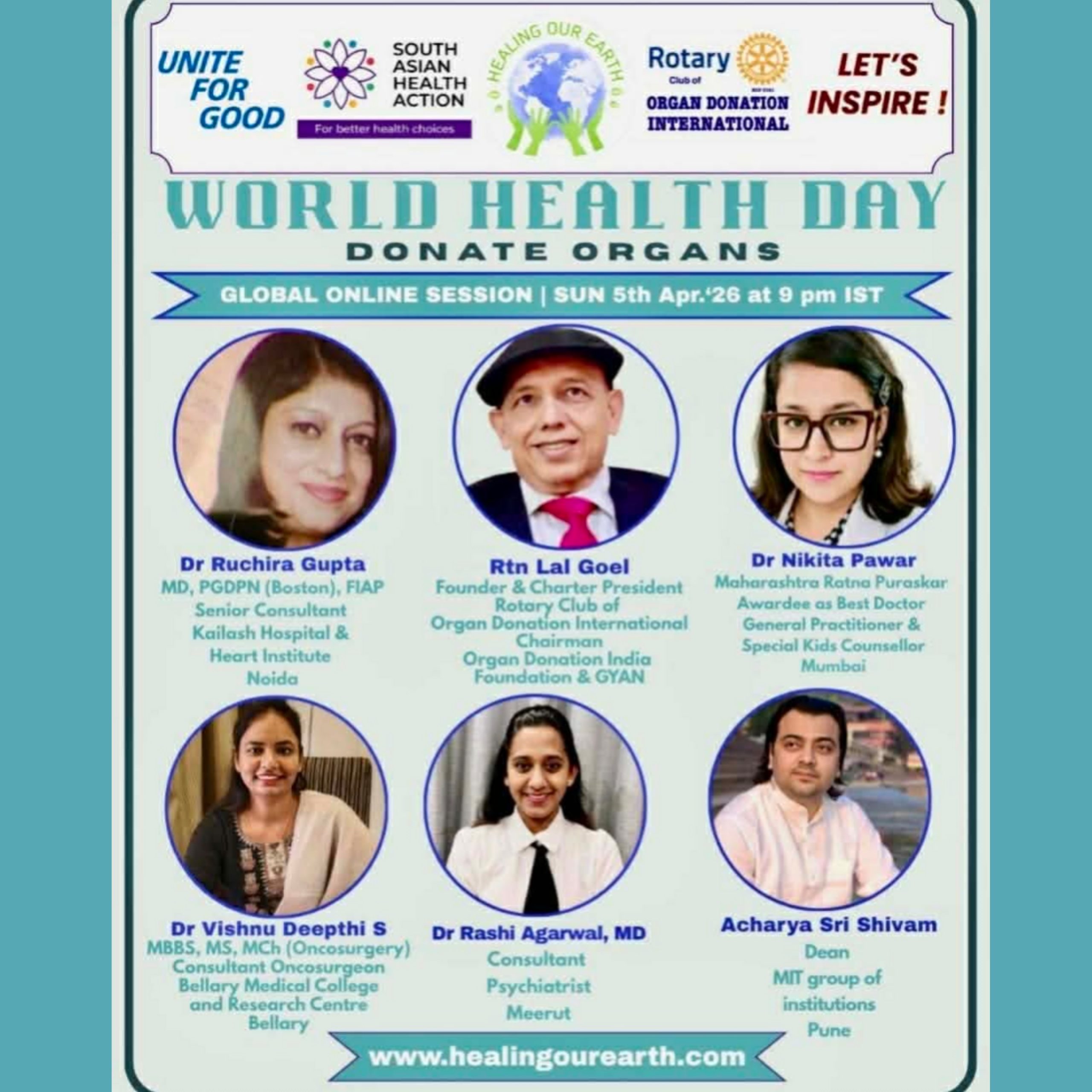 Colorful Ram Navami event poster with two images of a blue-skinned deity, promotional text, and event details. Central graphic features a planet held by hands. Event is on Sunday, 6th April 2025 at 2 PM BST. Website and Facebook link for more info.