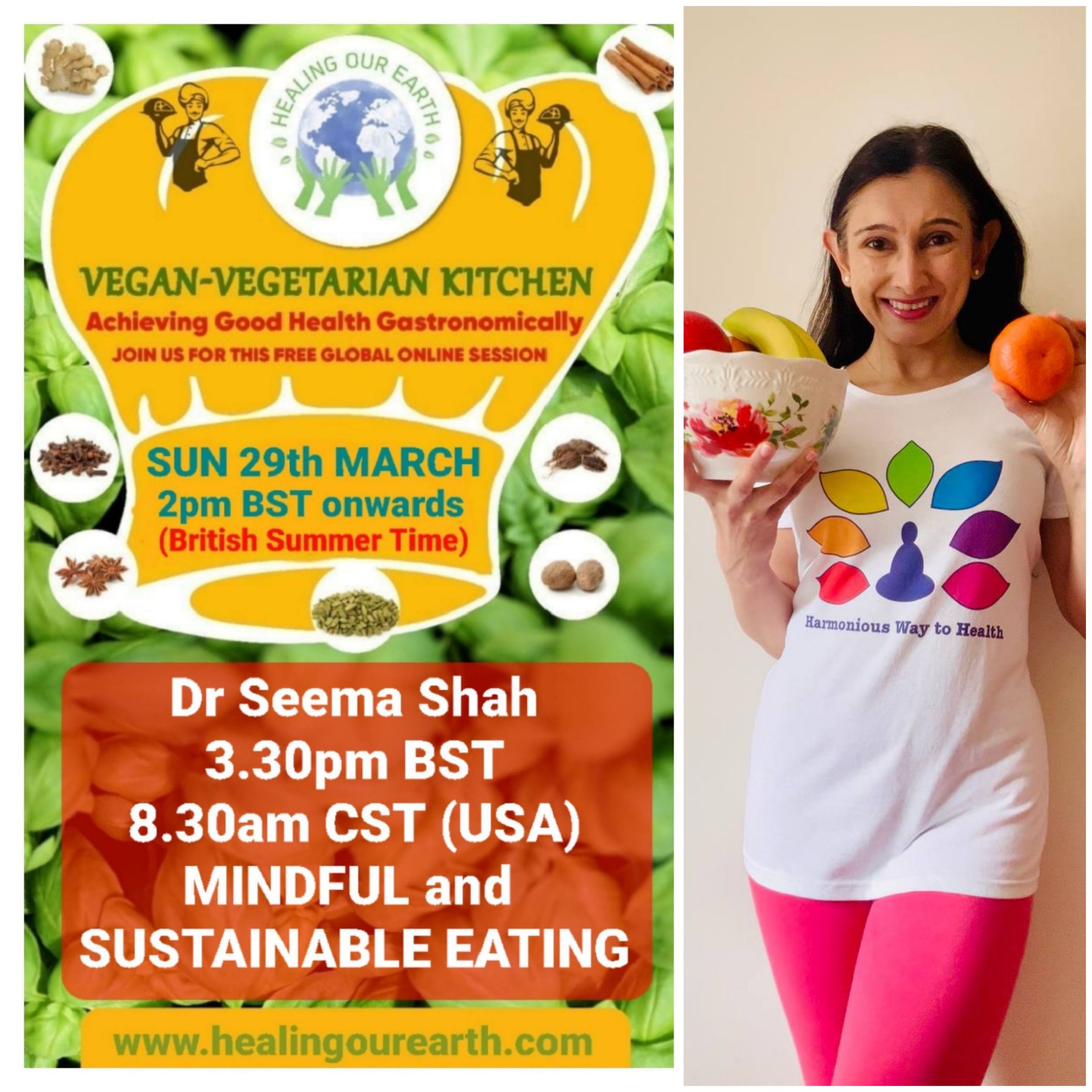 Poster for a vegan-vegetarian online event featuring Dinah Salonga, on Sunday, 23rd March at 2pm GMT. The topic is "Nutrition and Sleep: Diet’s Effect on Sleep." Includes event details, time conversions, logos, and a photo of a person smiling in a casual setting.