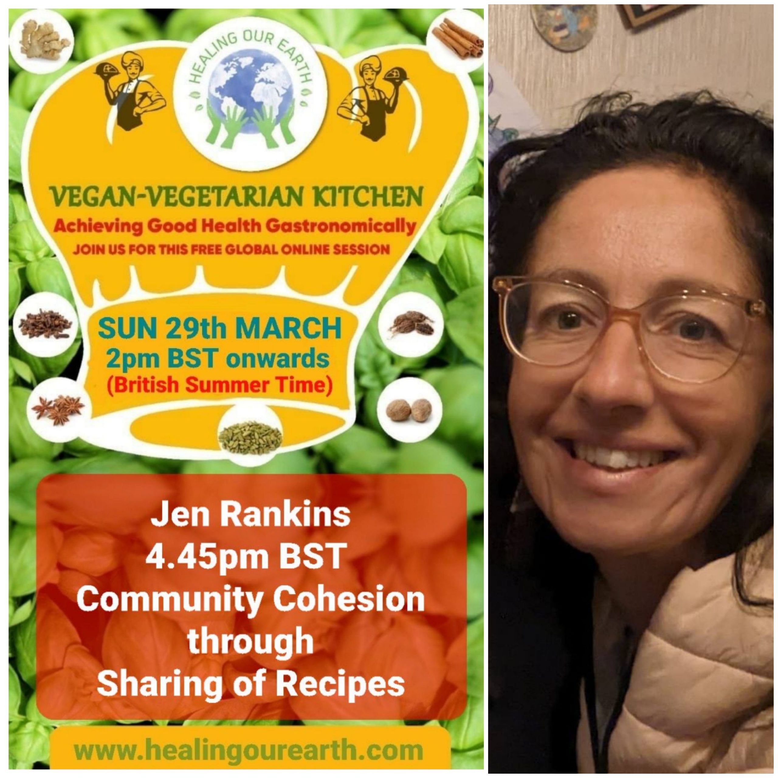Poster for a vegan-vegetarian online event featuring Dinah Salonga, on Sunday, 23rd March at 2pm GMT. The topic is "Nutrition and Sleep: Diet’s Effect on Sleep." Includes event details, time conversions, logos, and a photo of a person smiling in a casual setting.