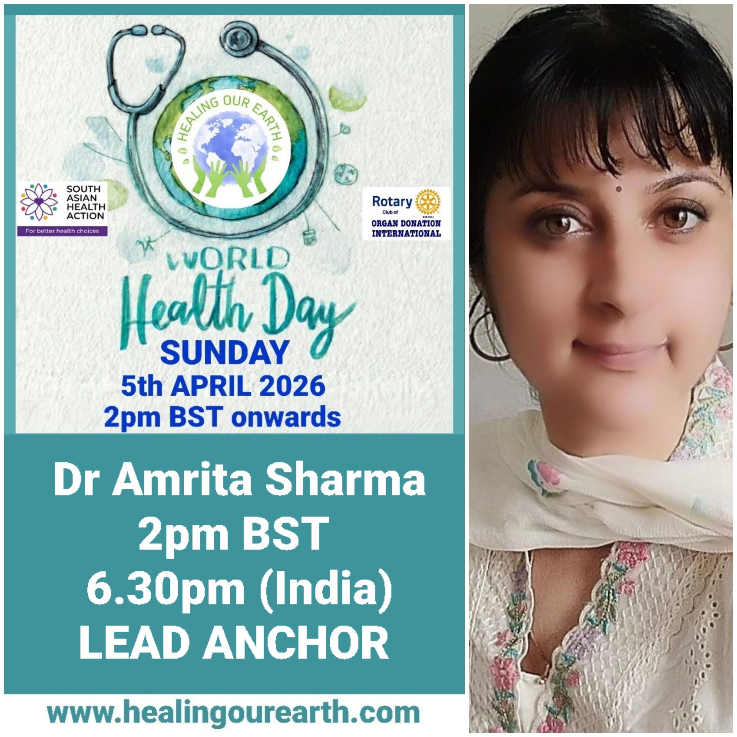 Colorful Ram Navami event poster with two images of a blue-skinned deity, promotional text, and event details. Central graphic features a planet held by hands. Event is on Sunday, 6th April 2025 at 2 PM BST. Website and Facebook link for more info.