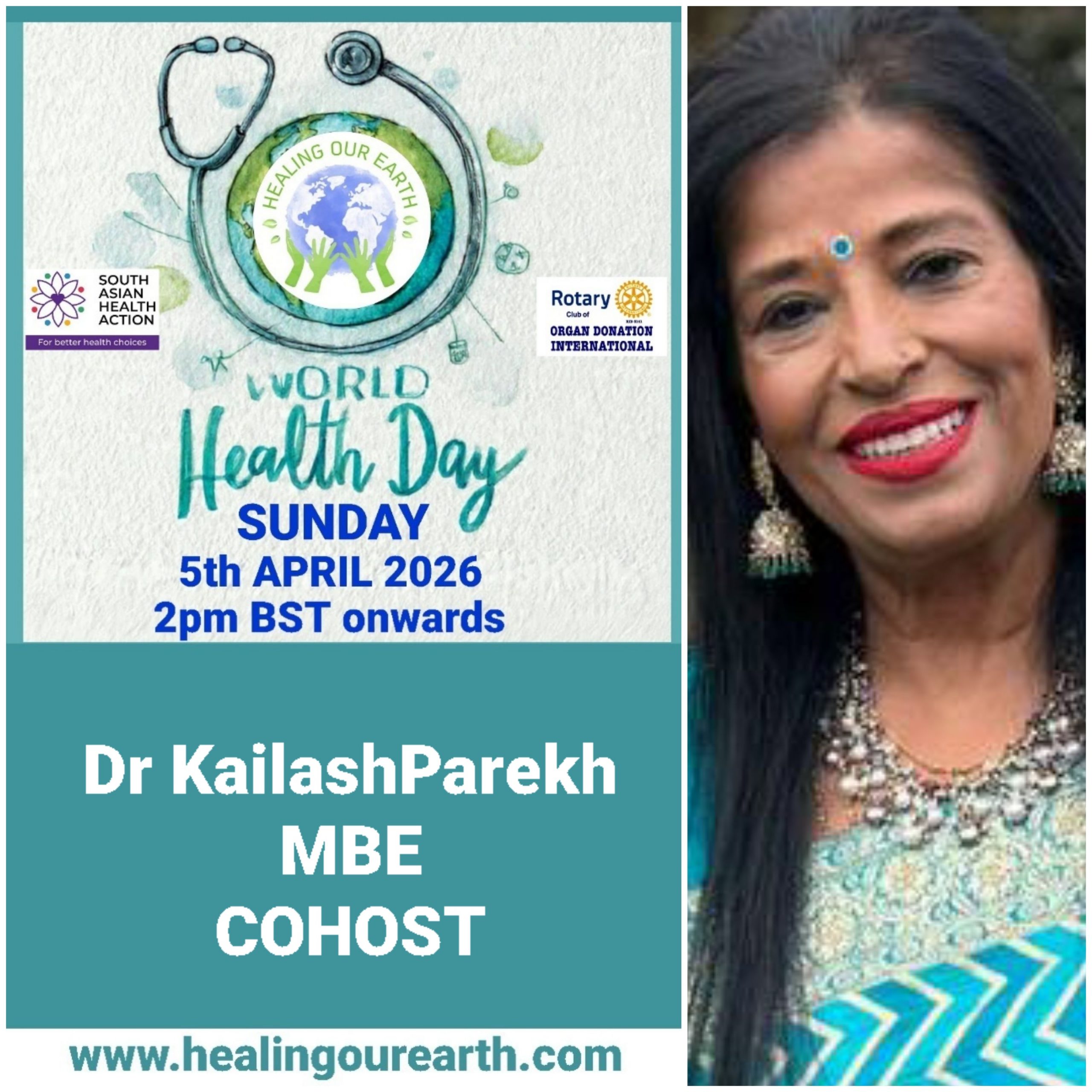 Colorful Ram Navami event poster with two images of a blue-skinned deity, promotional text, and event details. Central graphic features a planet held by hands. Event is on Sunday, 6th April 2025 at 2 PM BST. Website and Facebook link for more info.