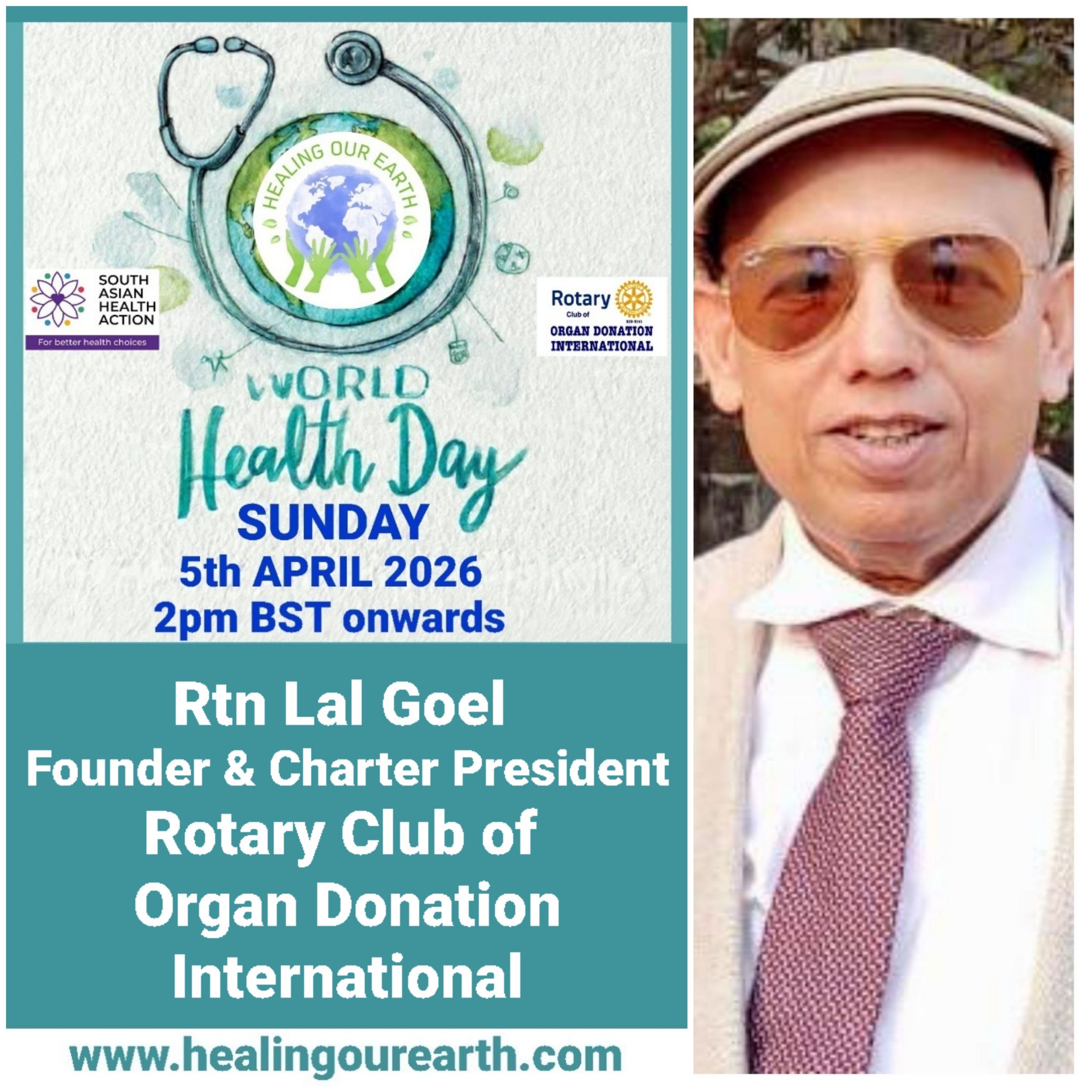 Colorful Ram Navami event poster with two images of a blue-skinned deity, promotional text, and event details. Central graphic features a planet held by hands. Event is on Sunday, 6th April 2025 at 2 PM BST. Website and Facebook link for more info.