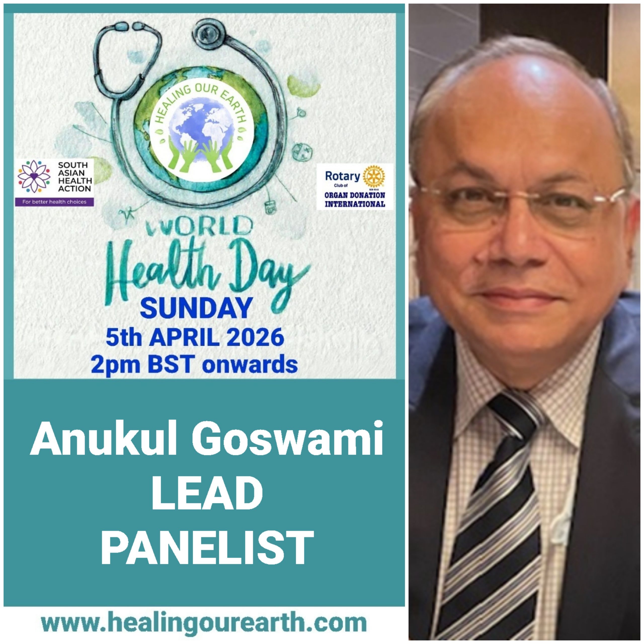 Colorful Ram Navami event poster with two images of a blue-skinned deity, promotional text, and event details. Central graphic features a planet held by hands. Event is on Sunday, 6th April 2025 at 2 PM BST. Website and Facebook link for more info.