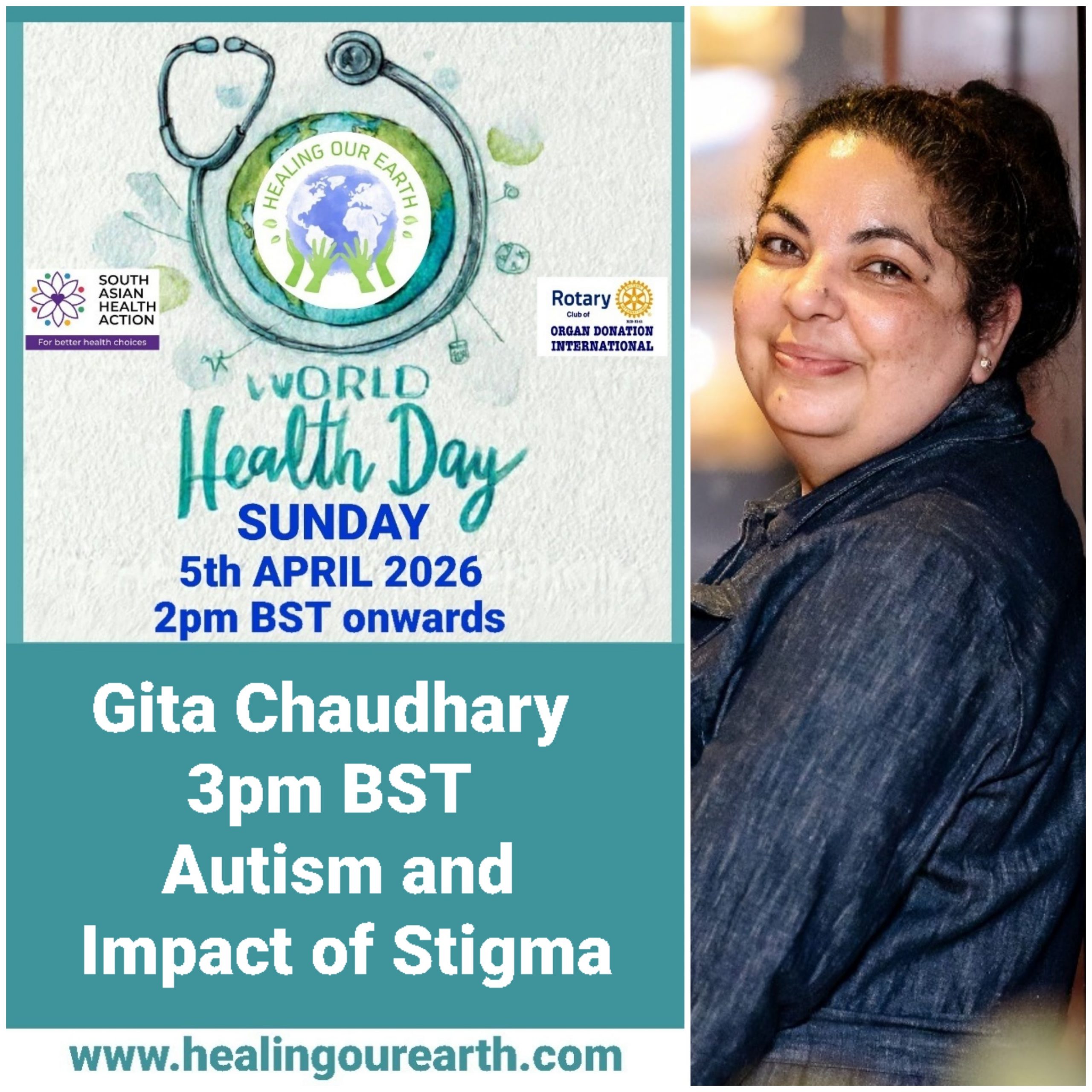 Colorful Ram Navami event poster with two images of a blue-skinned deity, promotional text, and event details. Central graphic features a planet held by hands. Event is on Sunday, 6th April 2025 at 2 PM BST. Website and Facebook link for more info.