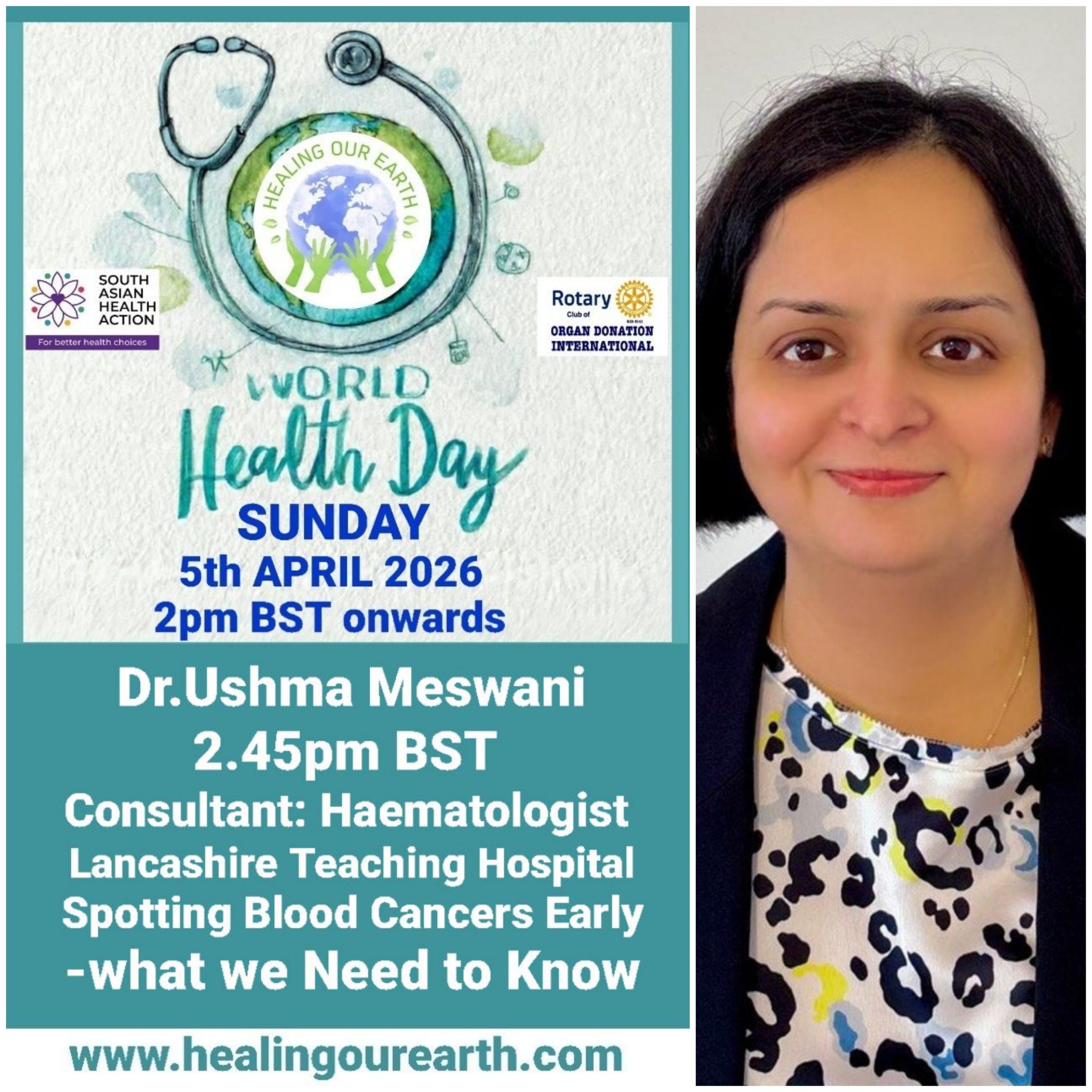 Colorful Ram Navami event poster with two images of a blue-skinned deity, promotional text, and event details. Central graphic features a planet held by hands. Event is on Sunday, 6th April 2025 at 2 PM BST. Website and Facebook link for more info.