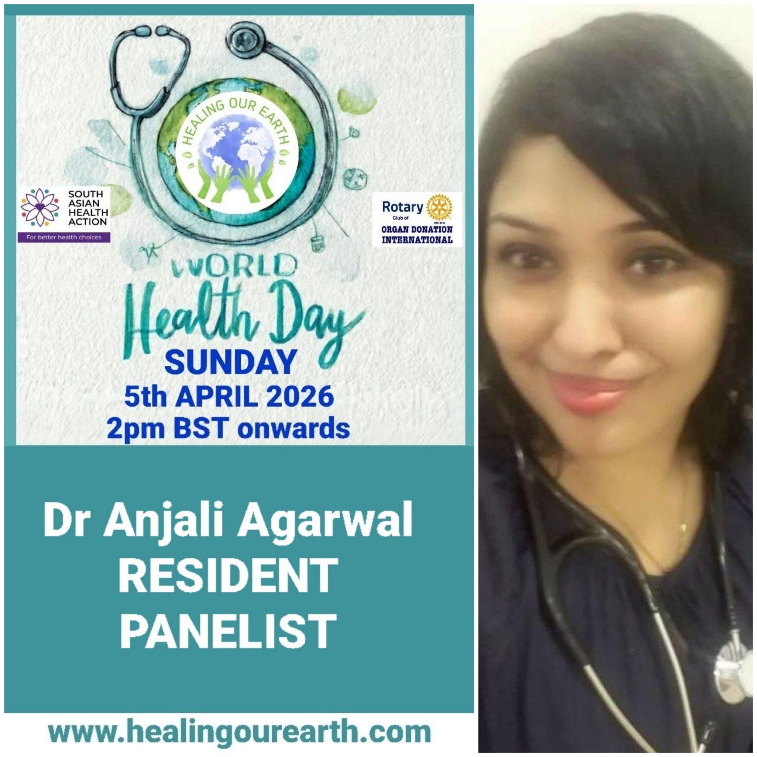 Colorful Ram Navami event poster with two images of a blue-skinned deity, promotional text, and event details. Central graphic features a planet held by hands. Event is on Sunday, 6th April 2025 at 2 PM BST. Website and Facebook link for more info.