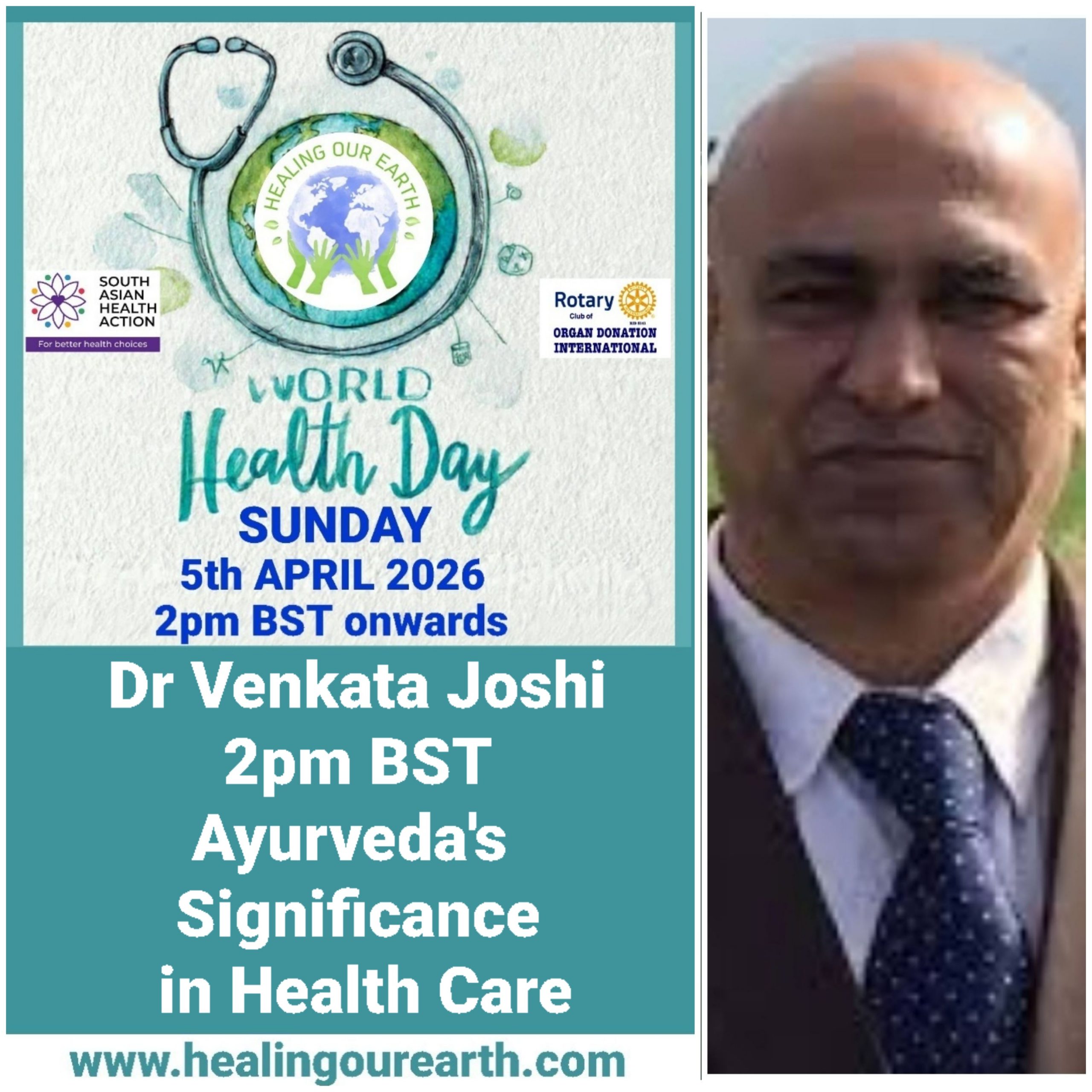 Colorful Ram Navami event poster with two images of a blue-skinned deity, promotional text, and event details. Central graphic features a planet held by hands. Event is on Sunday, 6th April 2025 at 2 PM BST. Website and Facebook link for more info.