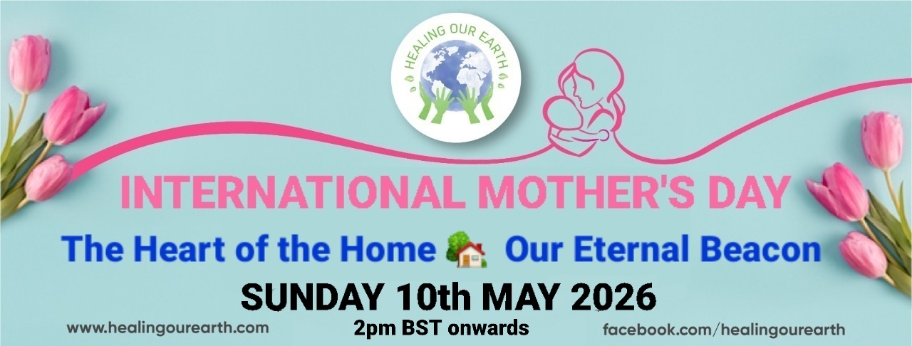 Banner for International Yoga Day Special with a figure in a yoga pose on the left and a meditating silhouette on the right. Event details in bright text: "Sunday 22nd June 2025, 2pm BST onwards." Includes the "Healing Our Earth" logo and website links for more information.