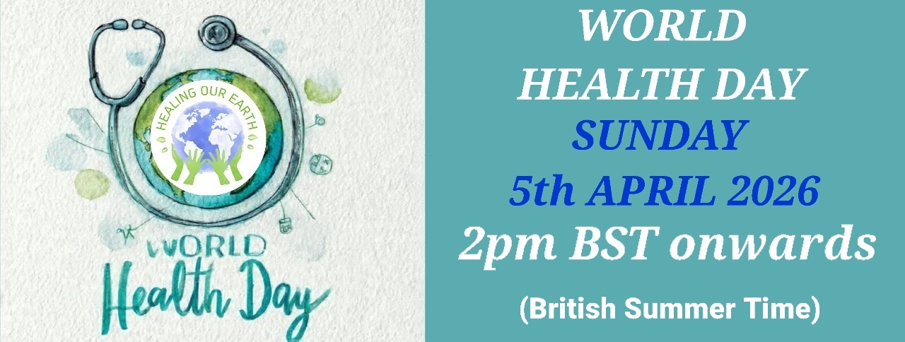 Banner for International Yoga Day Special with a figure in a yoga pose on the left and a meditating silhouette on the right. Event details in bright text: "Sunday 22nd June 2025, 2pm BST onwards." Includes the "Healing Our Earth" logo and website links for more information.