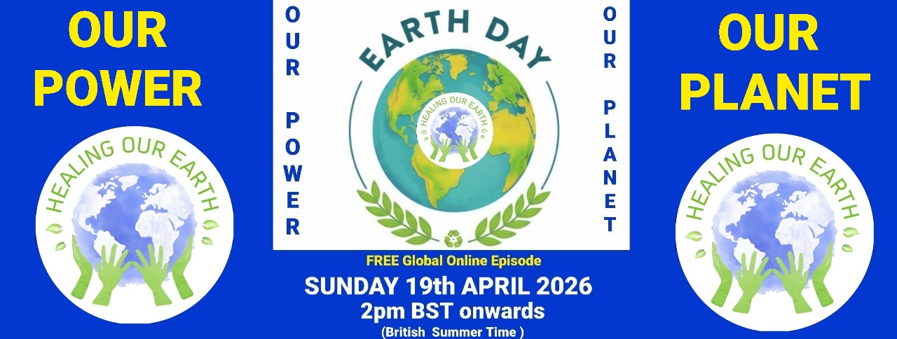 Banner for International Yoga Day Special with a figure in a yoga pose on the left and a meditating silhouette on the right. Event details in bright text: "Sunday 22nd June 2025, 2pm BST onwards." Includes the "Healing Our Earth" logo and website links for more information.