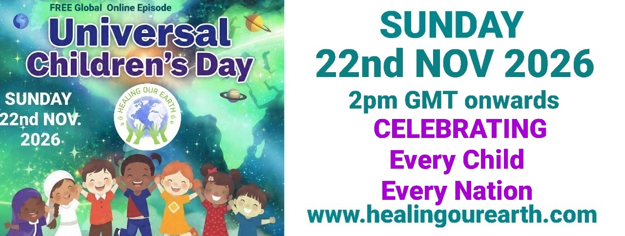 Banner for International Yoga Day Special with a figure in a yoga pose on the left and a meditating silhouette on the right. Event details in bright text: "Sunday 22nd June 2025, 2pm BST onwards." Includes the "Healing Our Earth" logo and website links for more information.