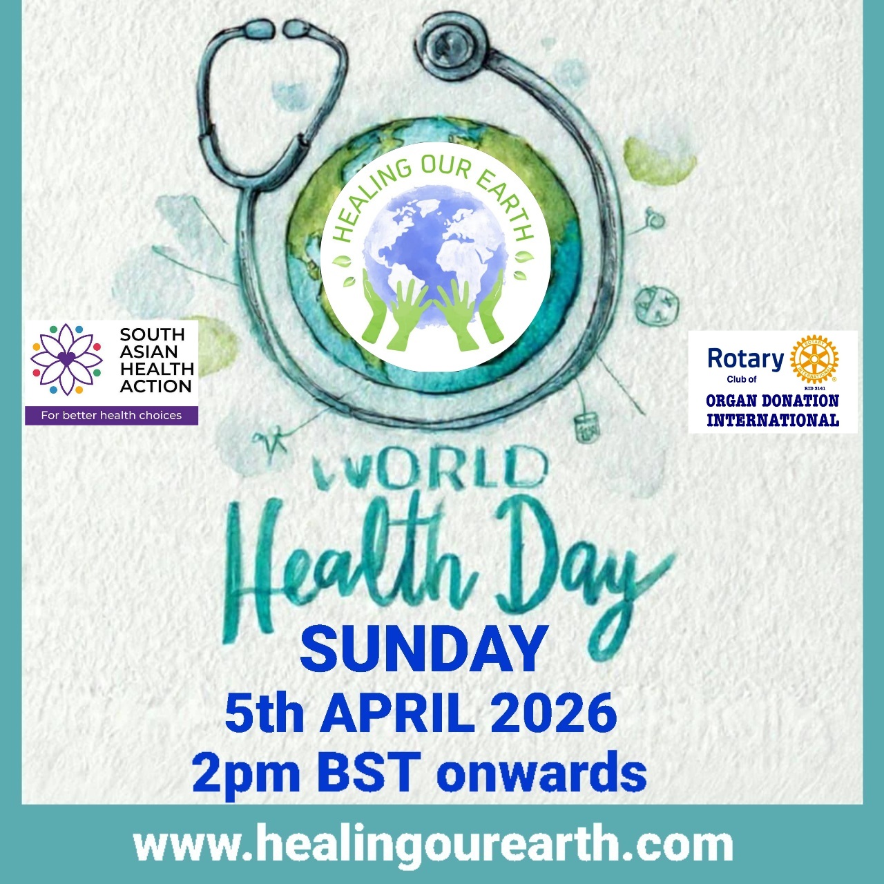 Colorful Ram Navami event poster with two images of a blue-skinned deity, promotional text, and event details. Central graphic features a planet held by hands. Event is on Sunday, 6th April 2025 at 2 PM BST. Website and Facebook link for more info.