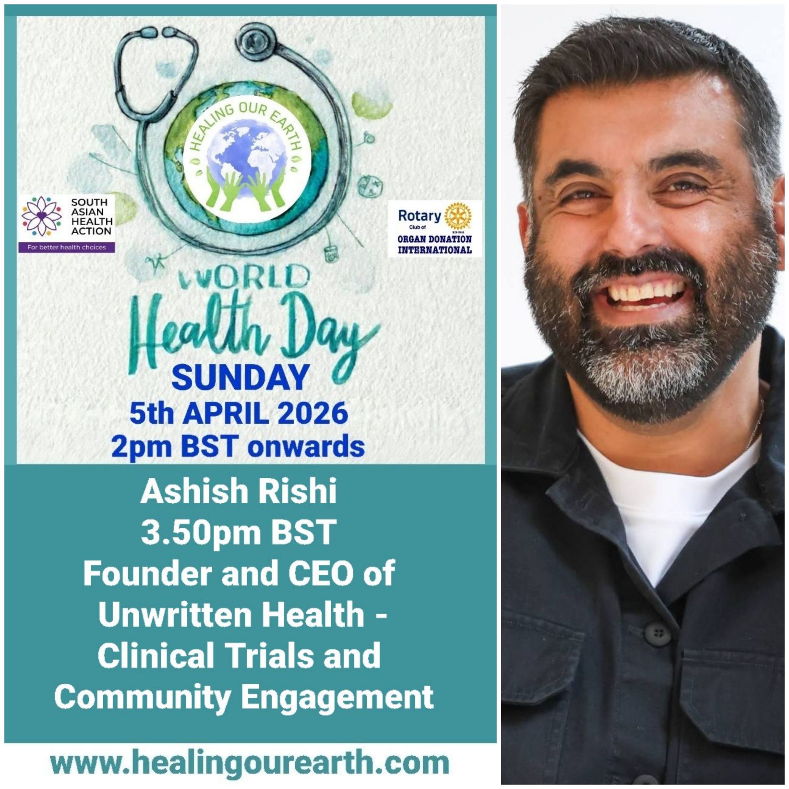 Colorful Ram Navami event poster with two images of a blue-skinned deity, promotional text, and event details. Central graphic features a planet held by hands. Event is on Sunday, 6th April 2025 at 2 PM BST. Website and Facebook link for more info.