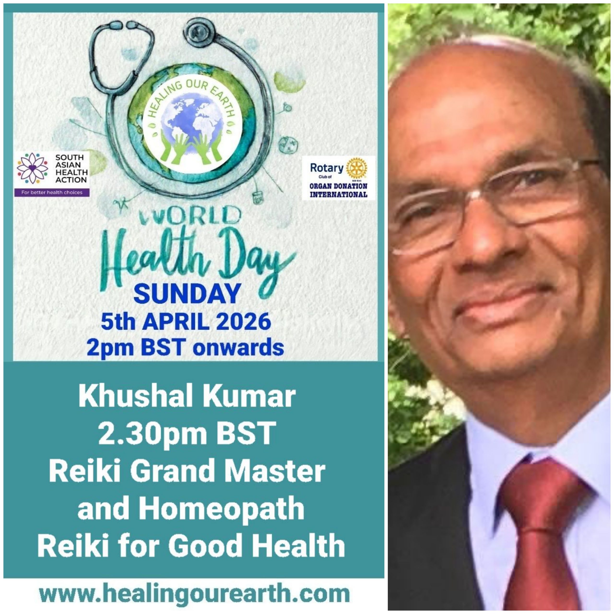 Colorful Ram Navami event poster with two images of a blue-skinned deity, promotional text, and event details. Central graphic features a planet held by hands. Event is on Sunday, 6th April 2025 at 2 PM BST. Website and Facebook link for more info.