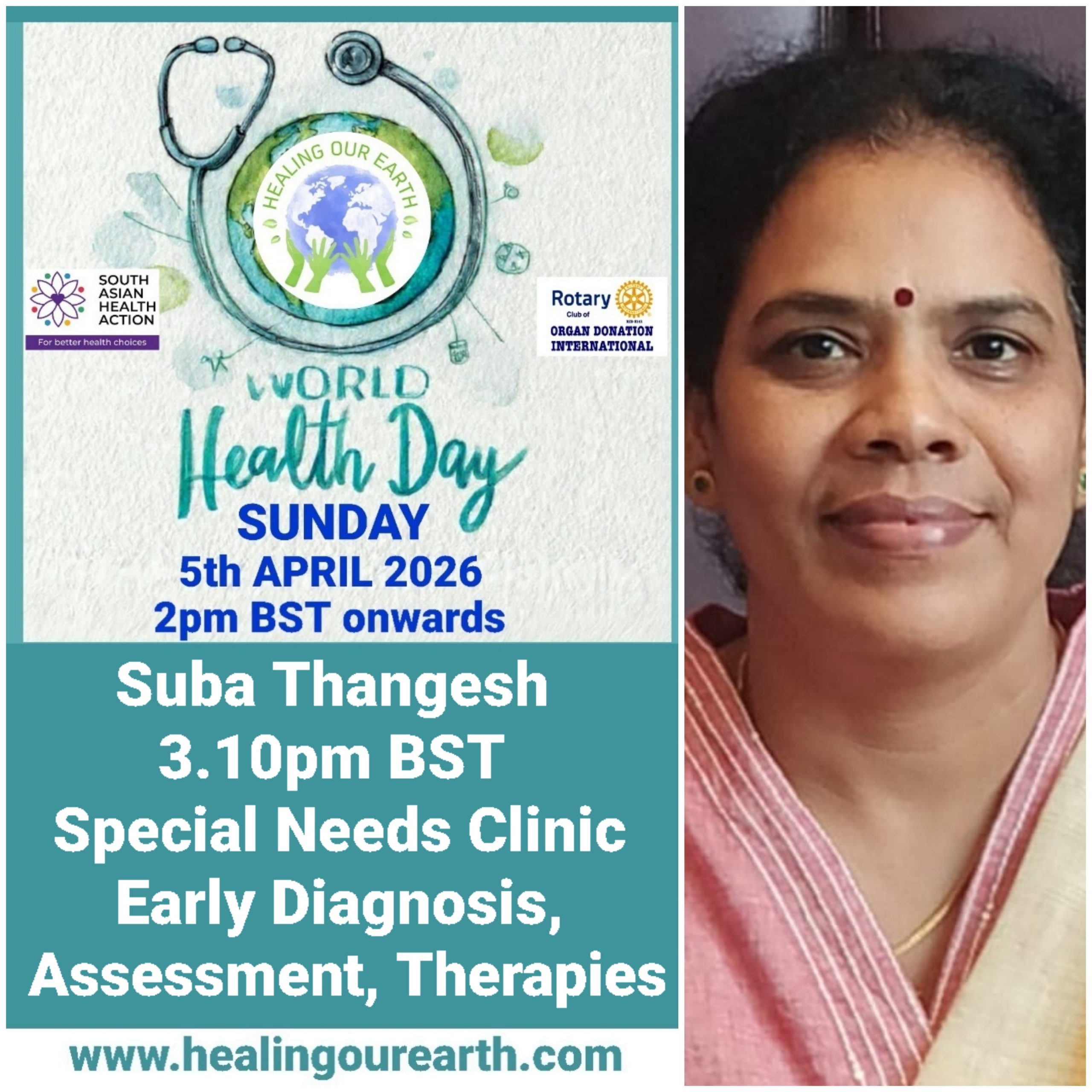 Colorful Ram Navami event poster with two images of a blue-skinned deity, promotional text, and event details. Central graphic features a planet held by hands. Event is on Sunday, 6th April 2025 at 2 PM BST. Website and Facebook link for more info.