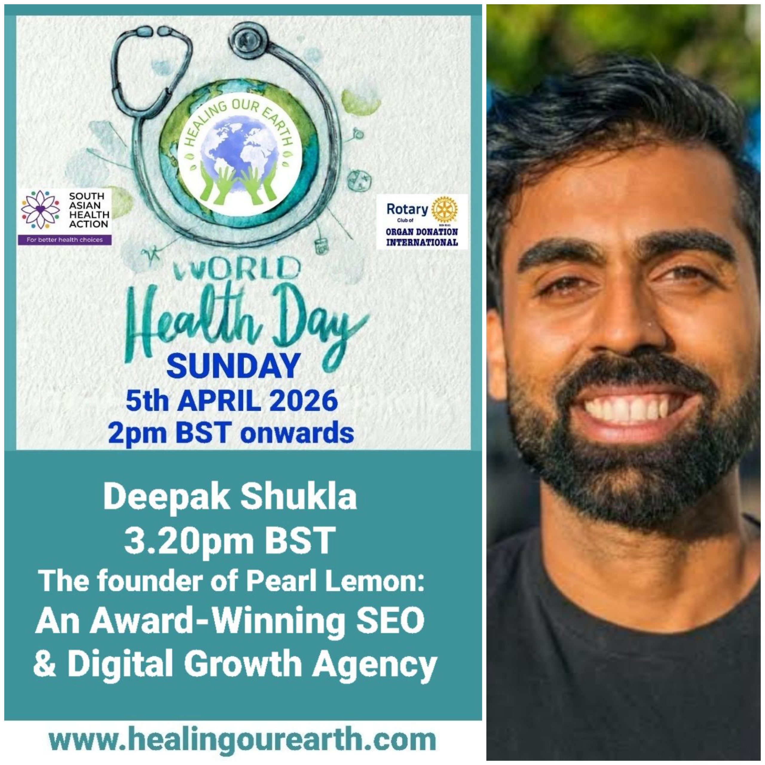 Colorful Ram Navami event poster with two images of a blue-skinned deity, promotional text, and event details. Central graphic features a planet held by hands. Event is on Sunday, 6th April 2025 at 2 PM BST. Website and Facebook link for more info.