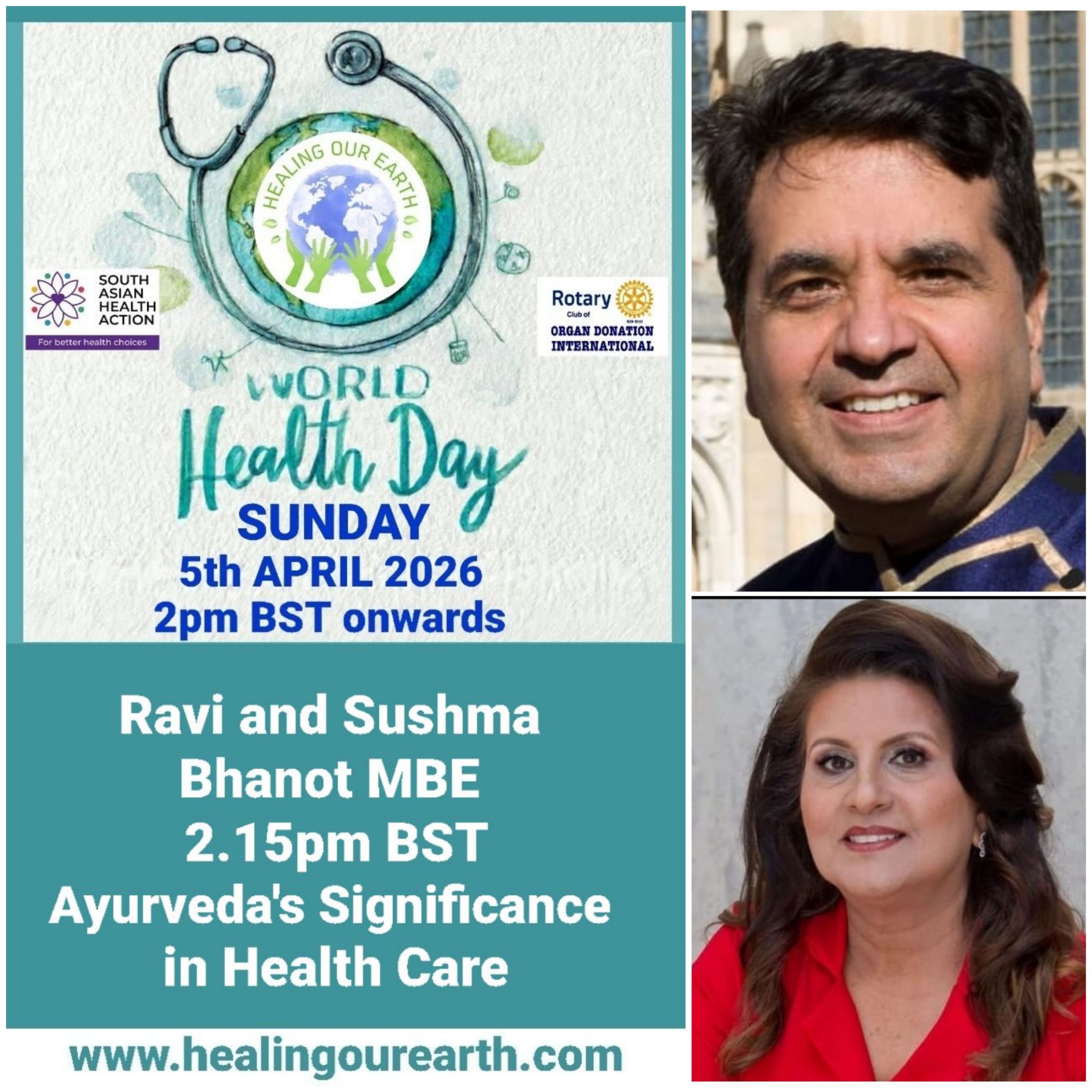 Colorful Ram Navami event poster with two images of a blue-skinned deity, promotional text, and event details. Central graphic features a planet held by hands. Event is on Sunday, 6th April 2025 at 2 PM BST. Website and Facebook link for more info.