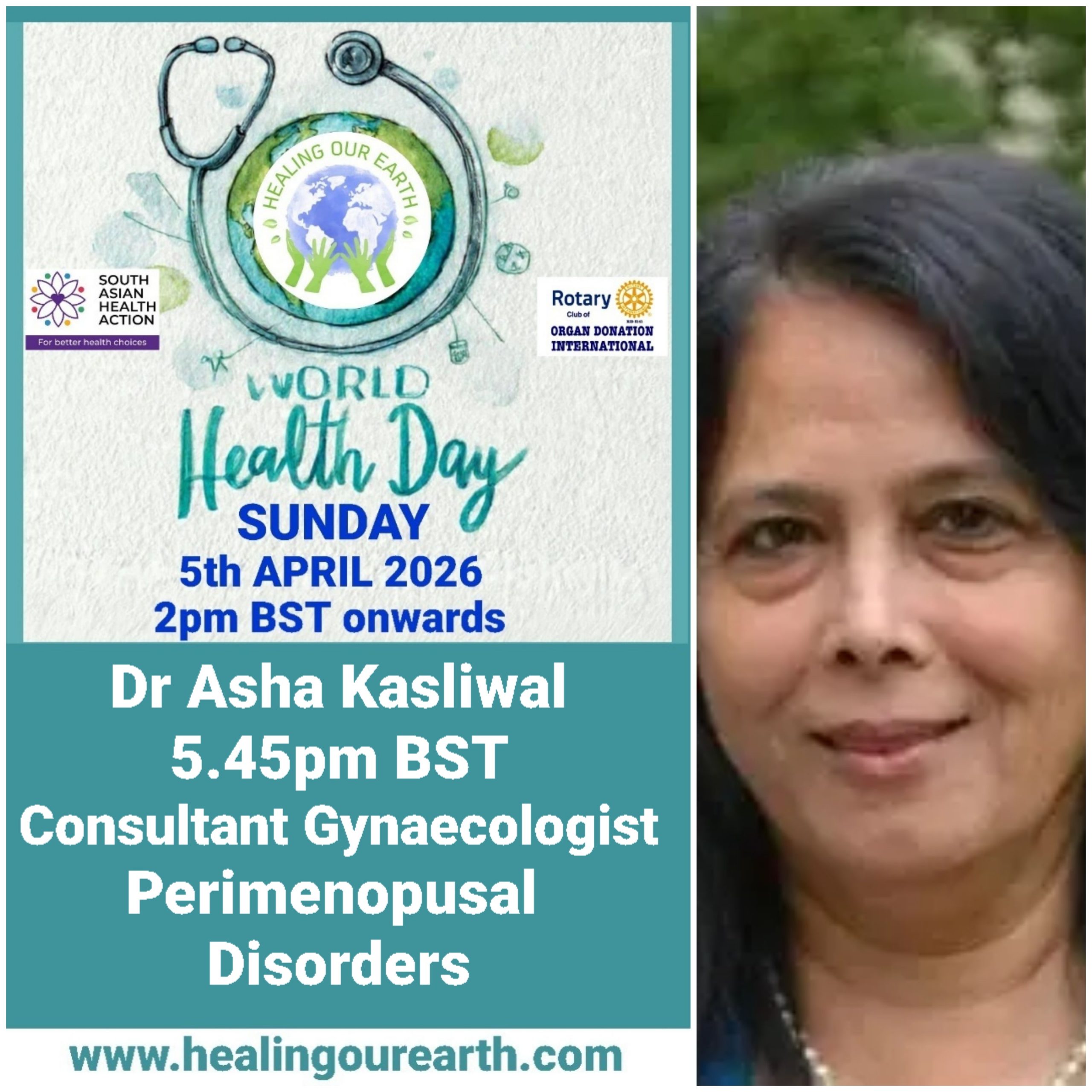 Colorful Ram Navami event poster with two images of a blue-skinned deity, promotional text, and event details. Central graphic features a planet held by hands. Event is on Sunday, 6th April 2025 at 2 PM BST. Website and Facebook link for more info.