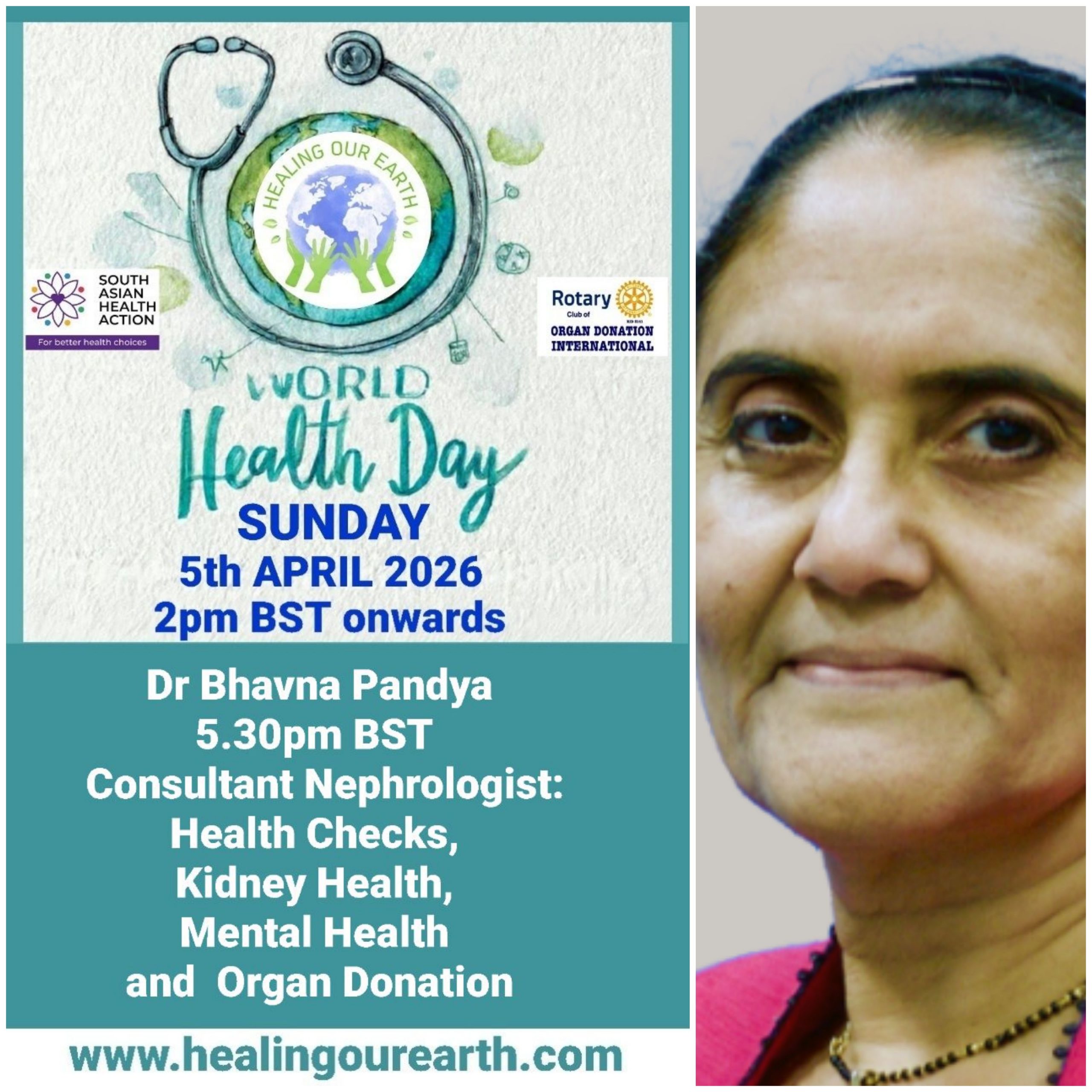 Colorful Ram Navami event poster with two images of a blue-skinned deity, promotional text, and event details. Central graphic features a planet held by hands. Event is on Sunday, 6th April 2025 at 2 PM BST. Website and Facebook link for more info.