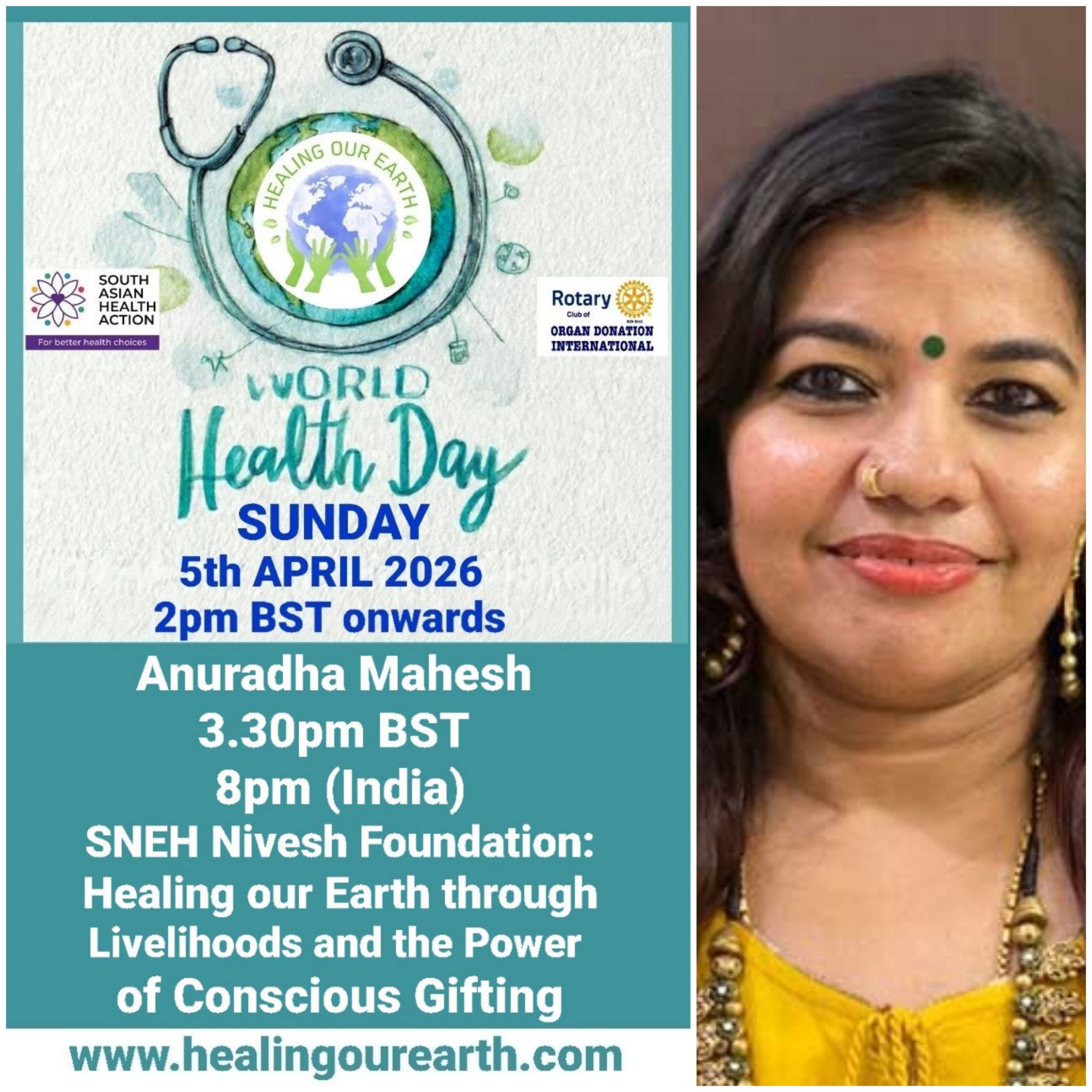 Colorful Ram Navami event poster with two images of a blue-skinned deity, promotional text, and event details. Central graphic features a planet held by hands. Event is on Sunday, 6th April 2025 at 2 PM BST. Website and Facebook link for more info.