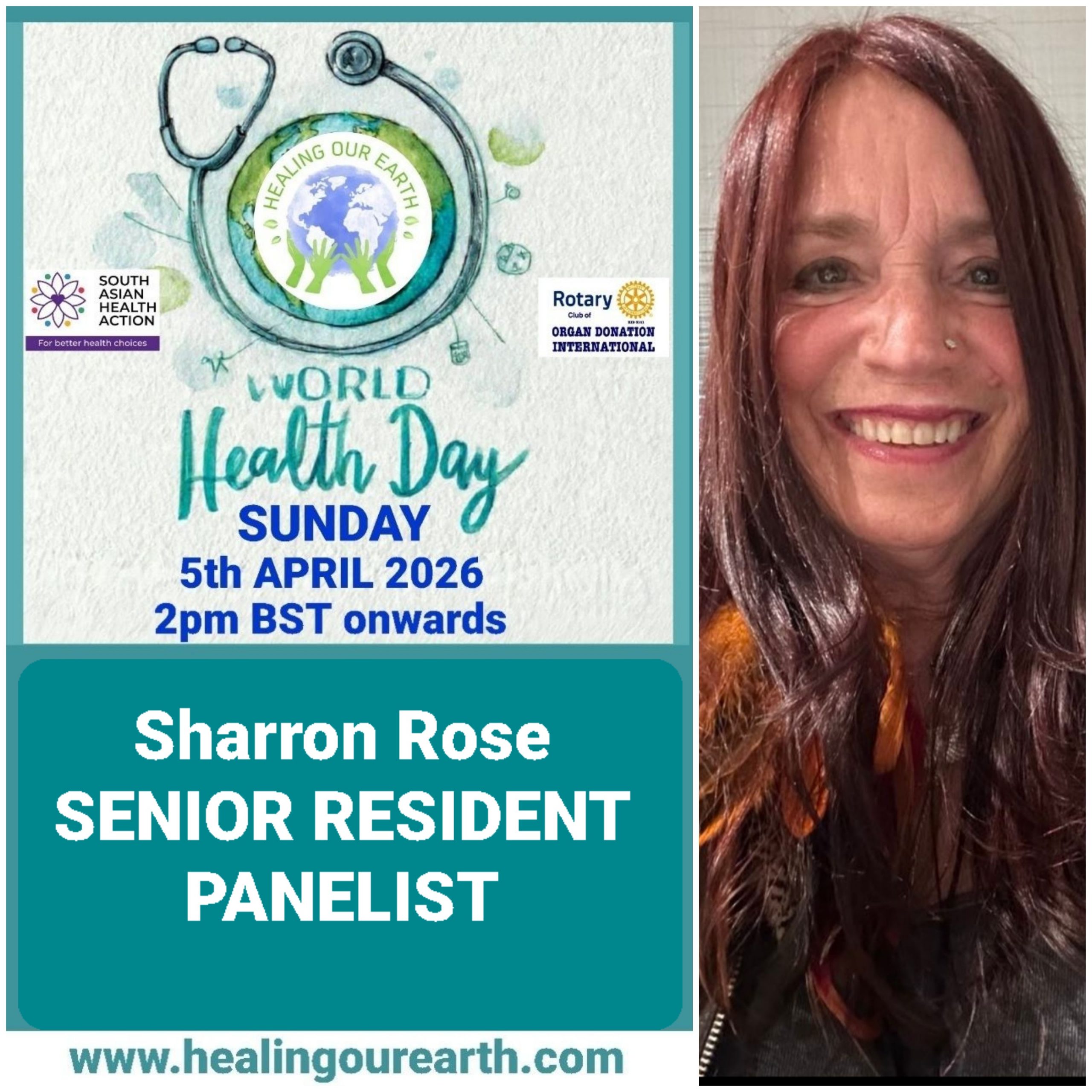 Colorful Ram Navami event poster with two images of a blue-skinned deity, promotional text, and event details. Central graphic features a planet held by hands. Event is on Sunday, 6th April 2025 at 2 PM BST. Website and Facebook link for more info.