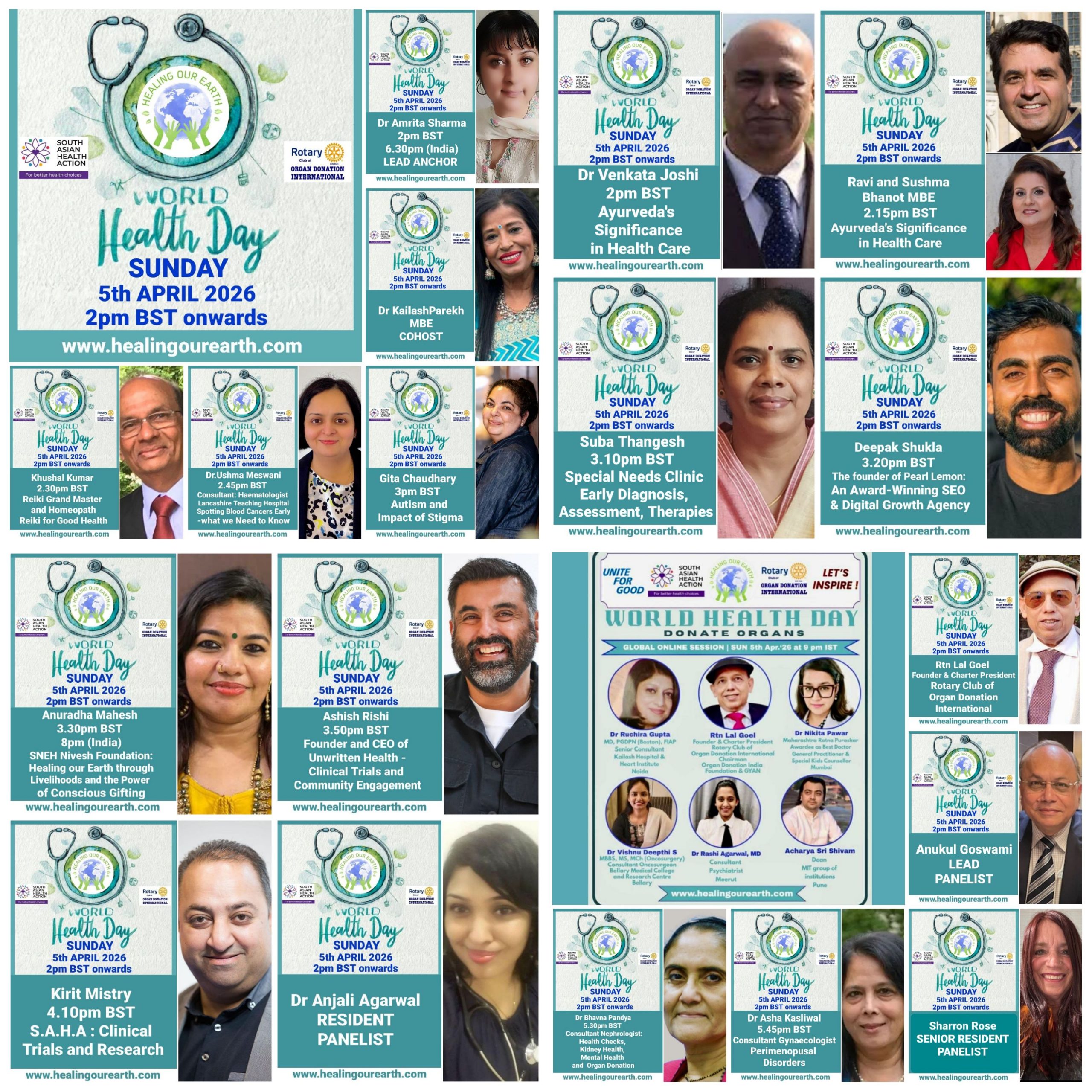 Colorful Ram Navami event poster with two images of a blue-skinned deity, promotional text, and event details. Central graphic features a planet held by hands. Event is on Sunday, 6th April 2025 at 2 PM BST. Website and Facebook link for more info.