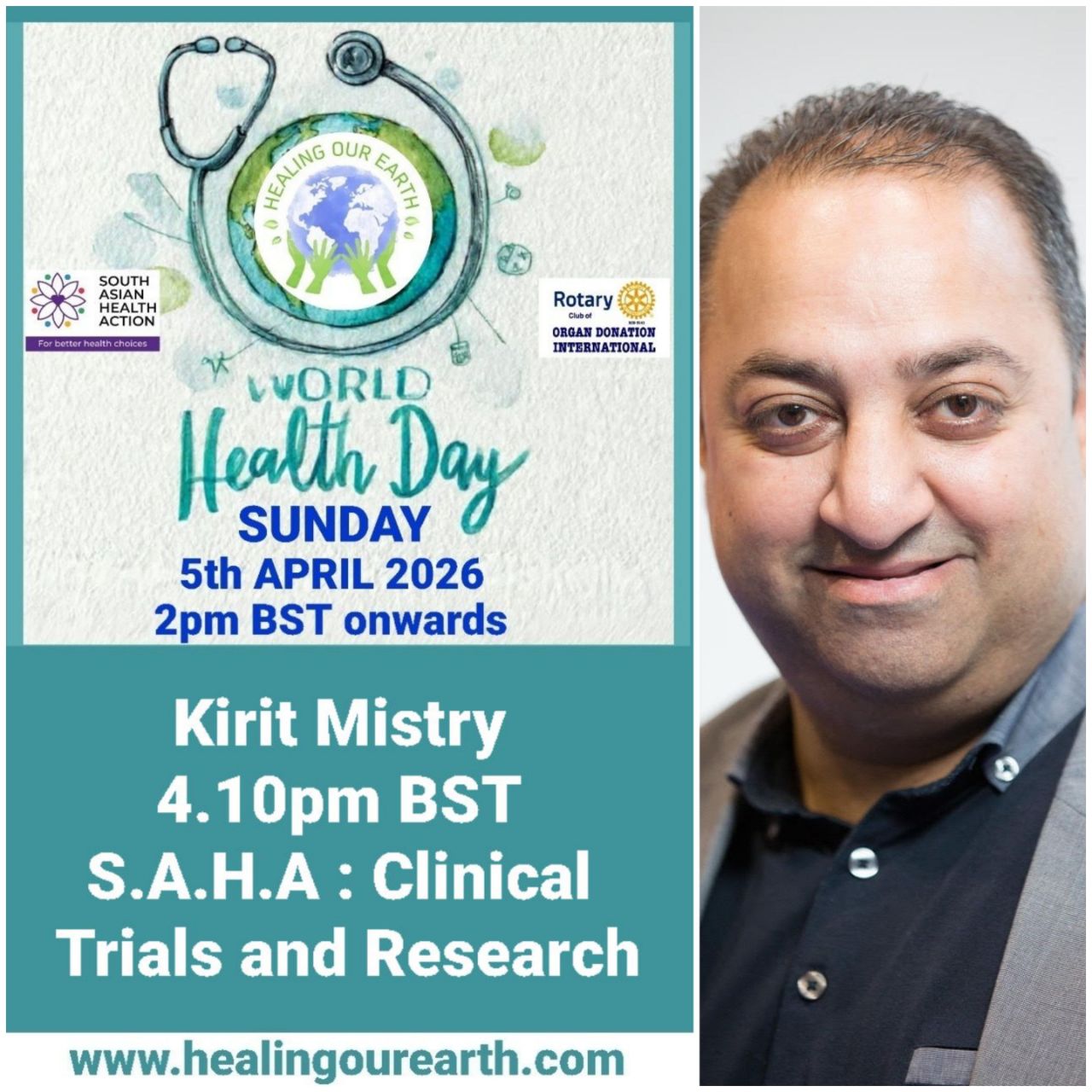 Colorful Ram Navami event poster with two images of a blue-skinned deity, promotional text, and event details. Central graphic features a planet held by hands. Event is on Sunday, 6th April 2025 at 2 PM BST. Website and Facebook link for more info.