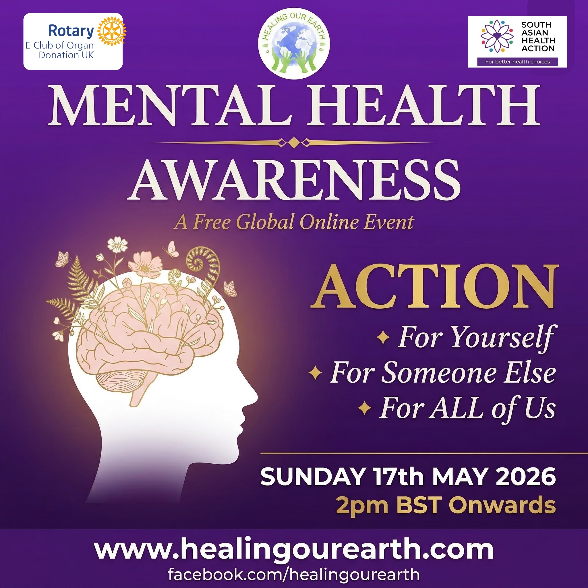 Promotional image for a Tai Chi and Qigong event. The title "Harmony of Ancient Health Cultures" is featured prominently. The event is on Sunday, 23rd February 2025, starting at 2pm GMT. Includes website: www.healingourearth.com. Features yin-yang symbols and Earth graphics.