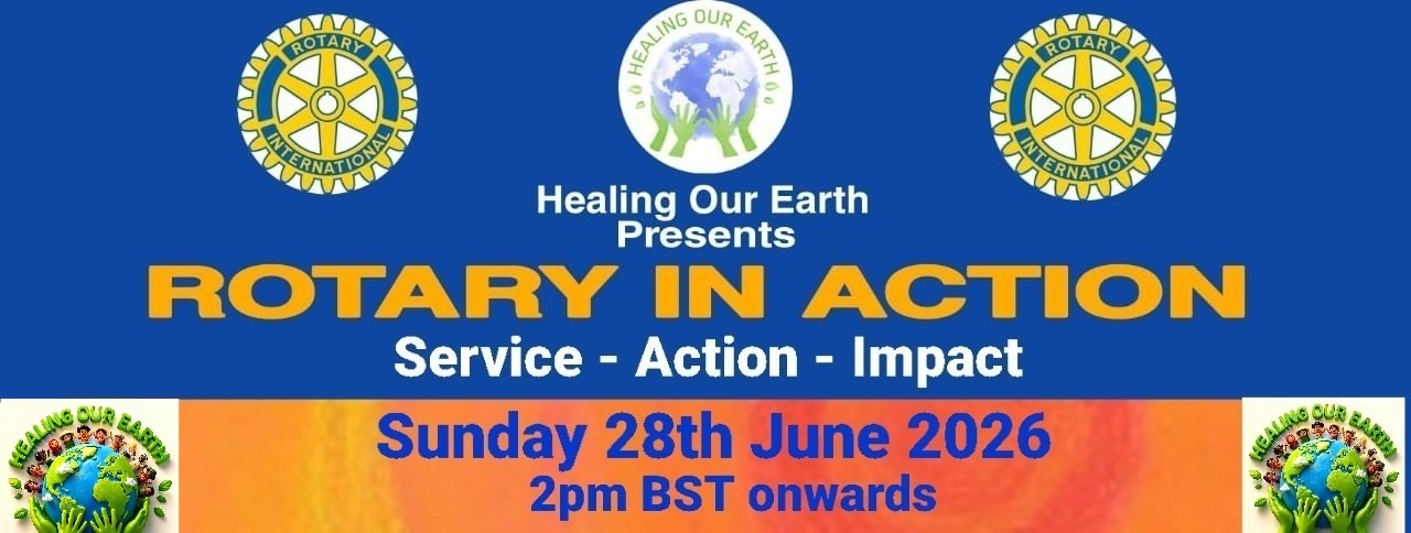 Banner for International Yoga Day Special with a figure in a yoga pose on the left and a meditating silhouette on the right. Event details in bright text: "Sunday 22nd June 2025, 2pm BST onwards." Includes the "Healing Our Earth" logo and website links for more information.