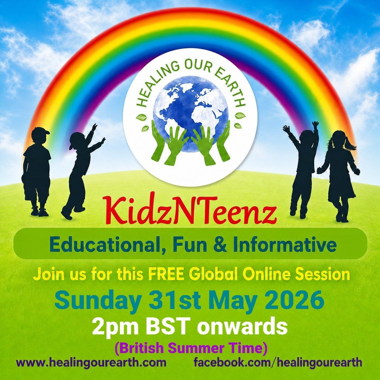 Graphic for "kidznteenz children's variety special," featuring silhouettes of children, a globe, and a rainbow, with event details for an online session on july 14, 2024.