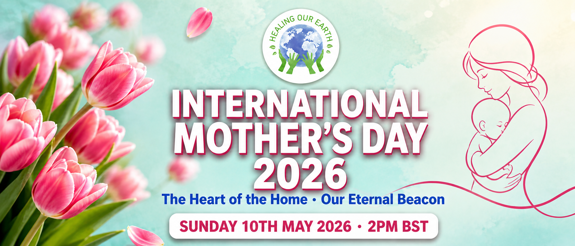 Banner for a Tai Chi and Qigong event. Features yin-yang symbols on the left and right. Center shows "Healing Our Earth" with hands holding a globe. Text reads: "TAI CHI & QIGONG: Harmony of Ancient Health Cultures, SUNDAY 23rd FEB 2025, 2pm GMT" on a blue background.