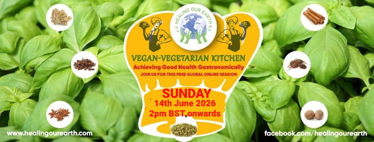 Banner for International Yoga Day Special with a figure in a yoga pose on the left and a meditating silhouette on the right. Event details in bright text: "Sunday 22nd June 2025, 2pm BST onwards." Includes the "Healing Our Earth" logo and website links for more information.