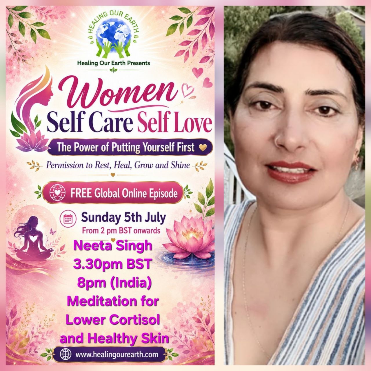 Neeta Singh speaking on meditation for lower cortisol and healthy skin.