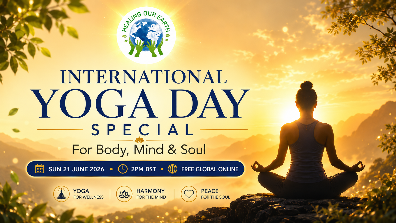 Promotional banner for a free global online yoga session on international yoga day, june 23, 2024, featuring a stylized yoga pose illustration.