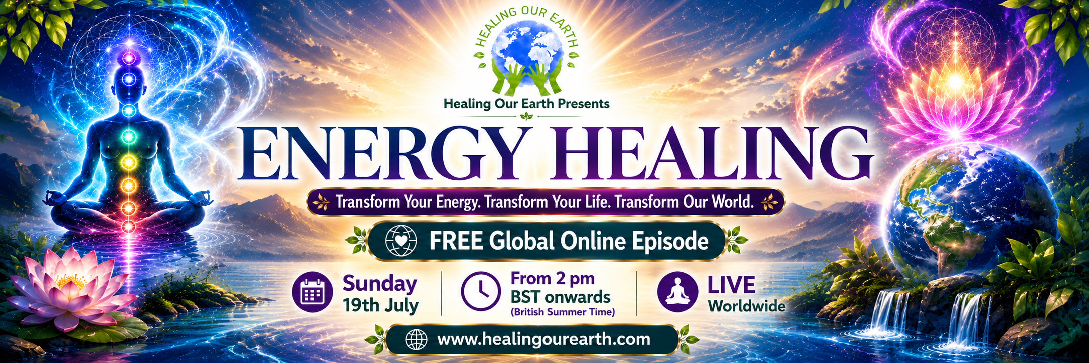 Banner for International Yoga Day Special with a figure in a yoga pose on the left and a meditating silhouette on the right. Event details in bright text: "Sunday 22nd June 2025, 2pm BST onwards." Includes the "Healing Our Earth" logo and website links for more information.