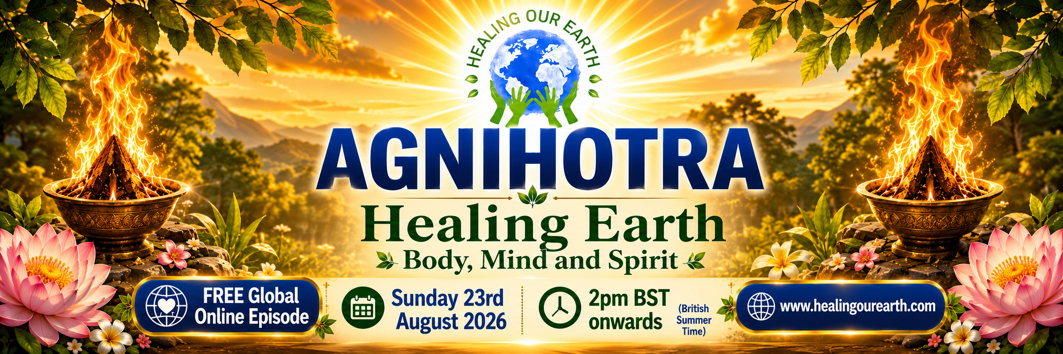 Banner for International Yoga Day Special with a figure in a yoga pose on the left and a meditating silhouette on the right. Event details in bright text: "Sunday 22nd June 2025, 2pm BST onwards." Includes the "Healing Our Earth" logo and website links for more information.
