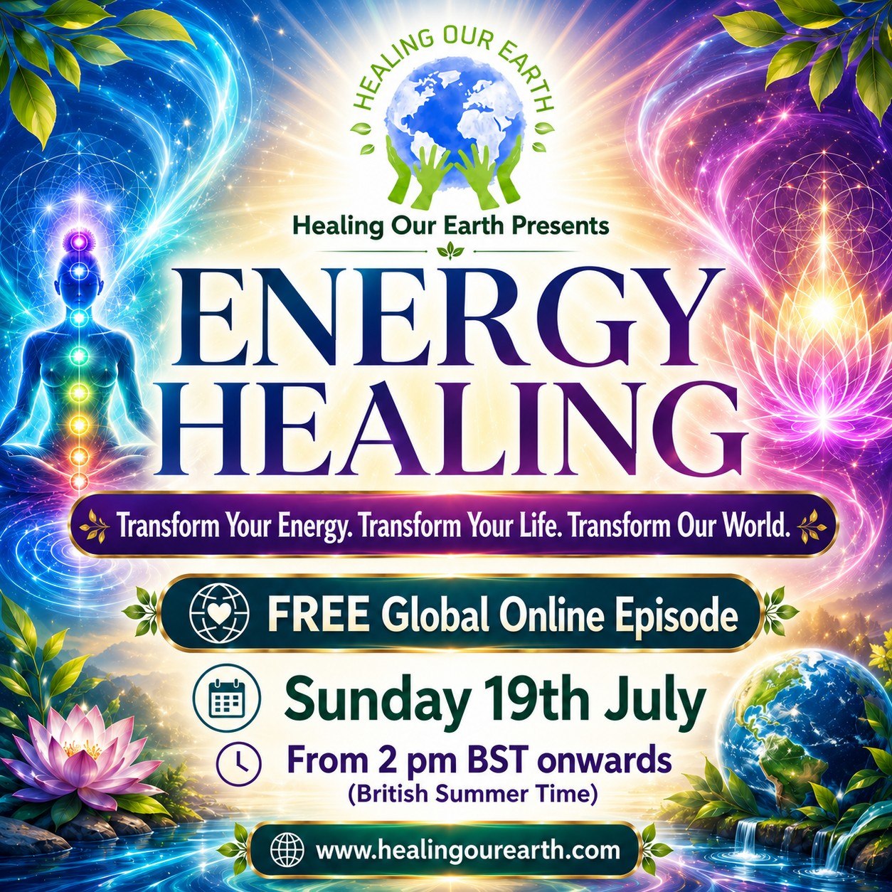 Energy Healing poster. Healing Our Earth, Sunday 19 July 2026, 2pm BST, free global online episode.