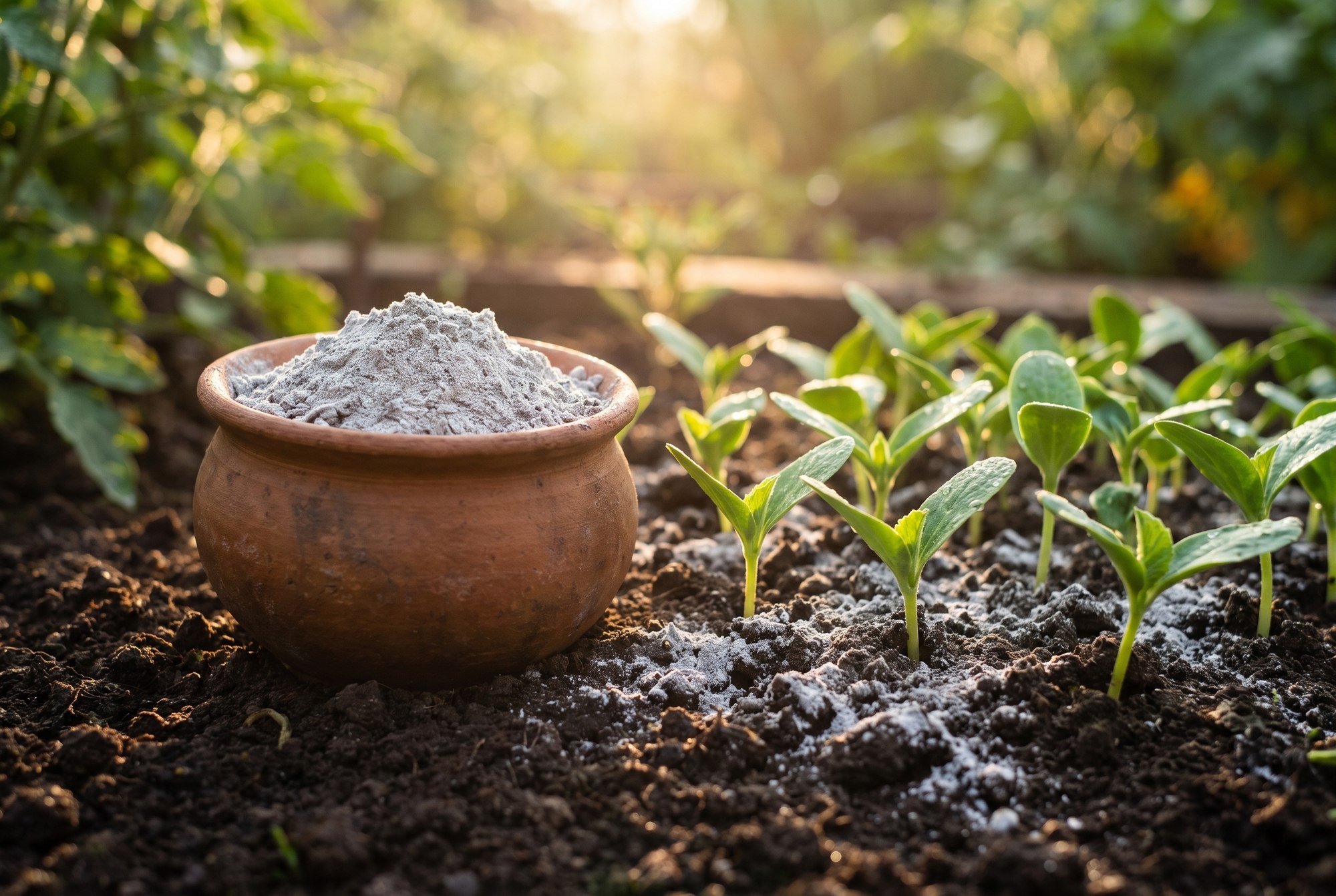 A clay pot of Agnihotra ash beside young seedlings growing in dark soil