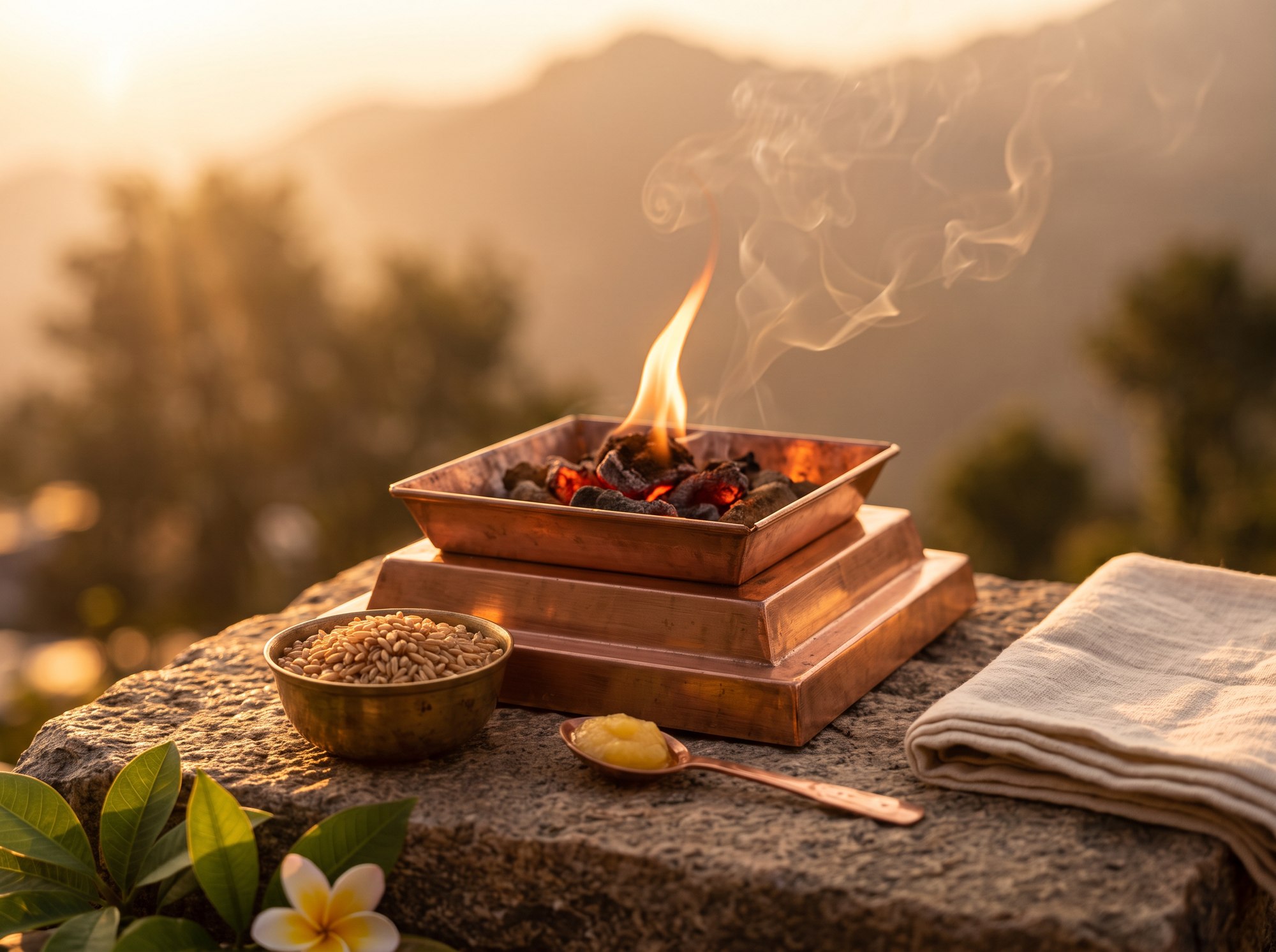 A copper Agnihotra pyramid with glowing dung cakes, a brass bowl of rice and a spoon of ghee on stone at sunrise