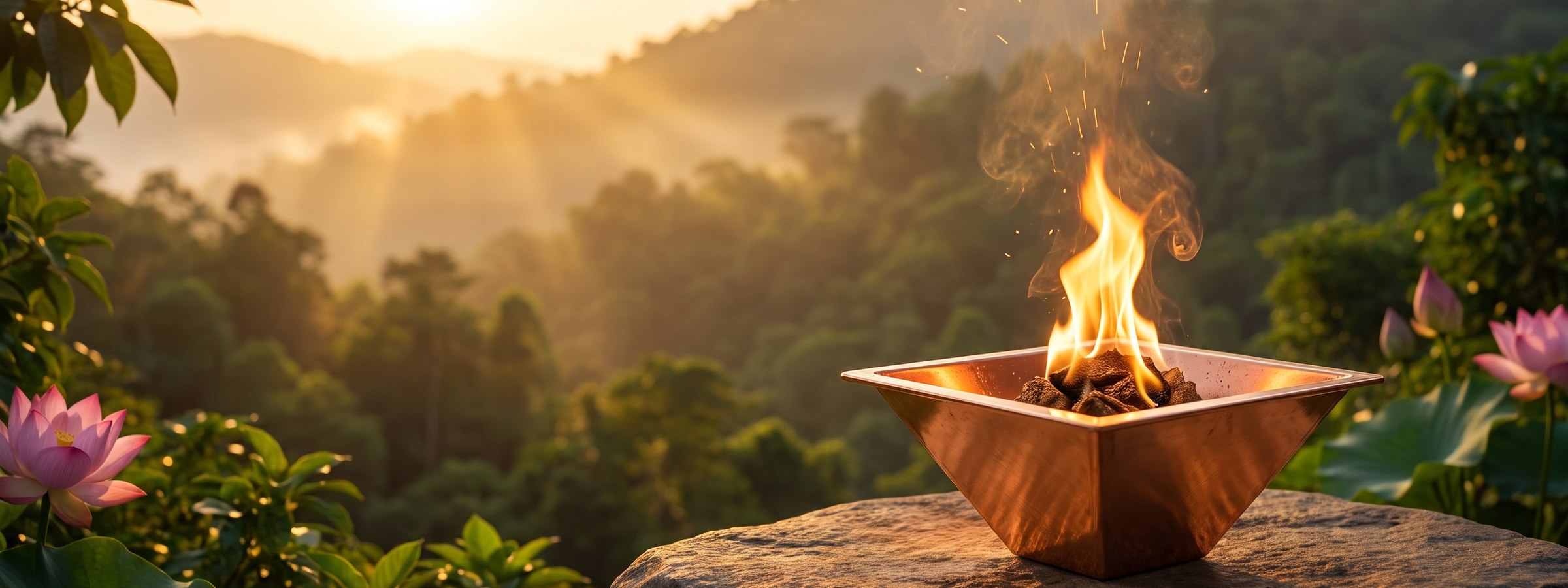 An Agnihotra flame rising at sunrise over misty hills