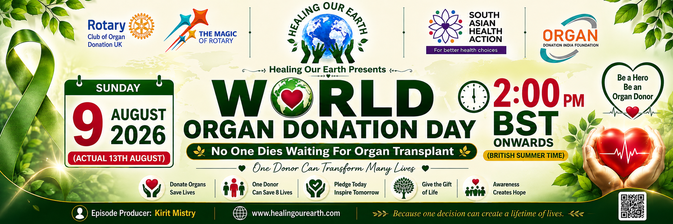 Banner for International Yoga Day Special with a figure in a yoga pose on the left and a meditating silhouette on the right. Event details in bright text: "Sunday 22nd June 2025, 2pm BST onwards." Includes the "Healing Our Earth" logo and website links for more information.