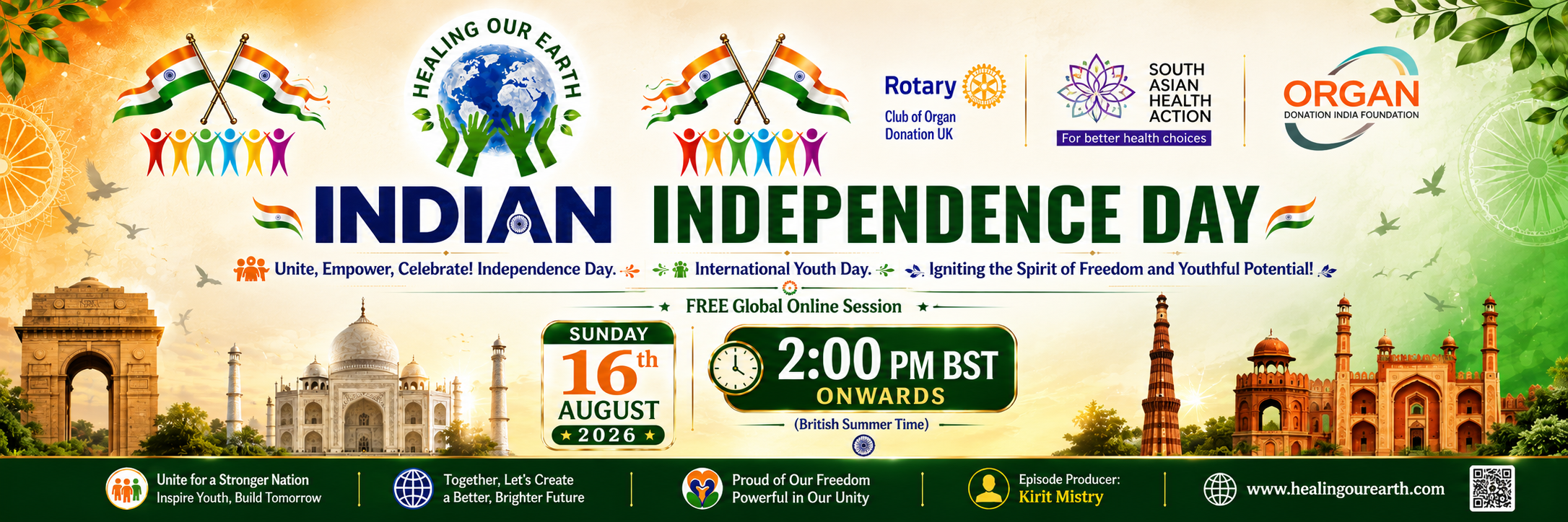 Banner for International Yoga Day Special with a figure in a yoga pose on the left and a meditating silhouette on the right. Event details in bright text: "Sunday 22nd June 2025, 2pm BST onwards." Includes the "Healing Our Earth" logo and website links for more information.