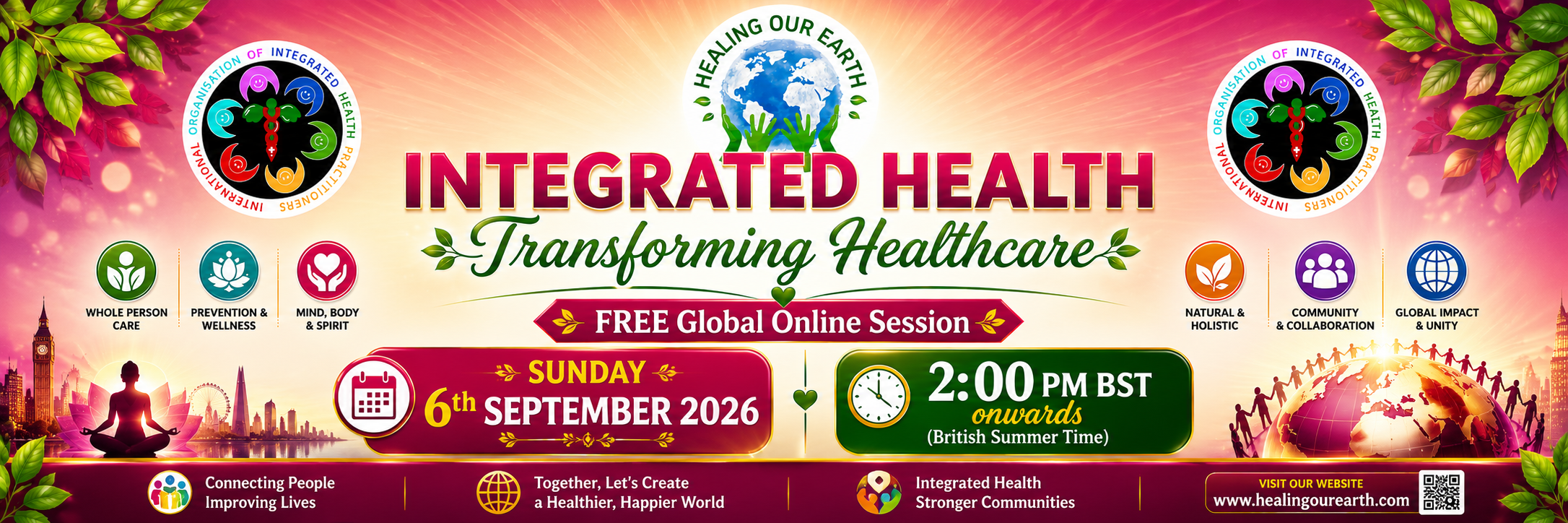 Banner for International Yoga Day Special with a figure in a yoga pose on the left and a meditating silhouette on the right. Event details in bright text: "Sunday 22nd June 2025, 2pm BST onwards." Includes the "Healing Our Earth" logo and website links for more information.