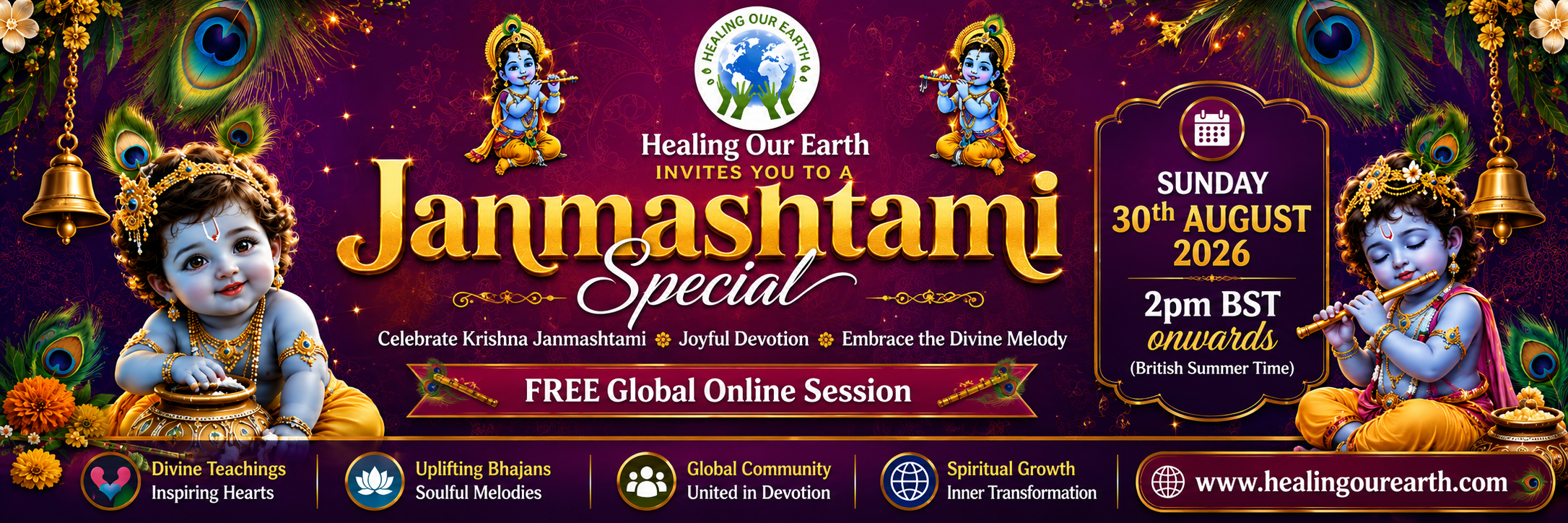 Banner for International Yoga Day Special with a figure in a yoga pose on the left and a meditating silhouette on the right. Event details in bright text: "Sunday 22nd June 2025, 2pm BST onwards." Includes the "Healing Our Earth" logo and website links for more information.