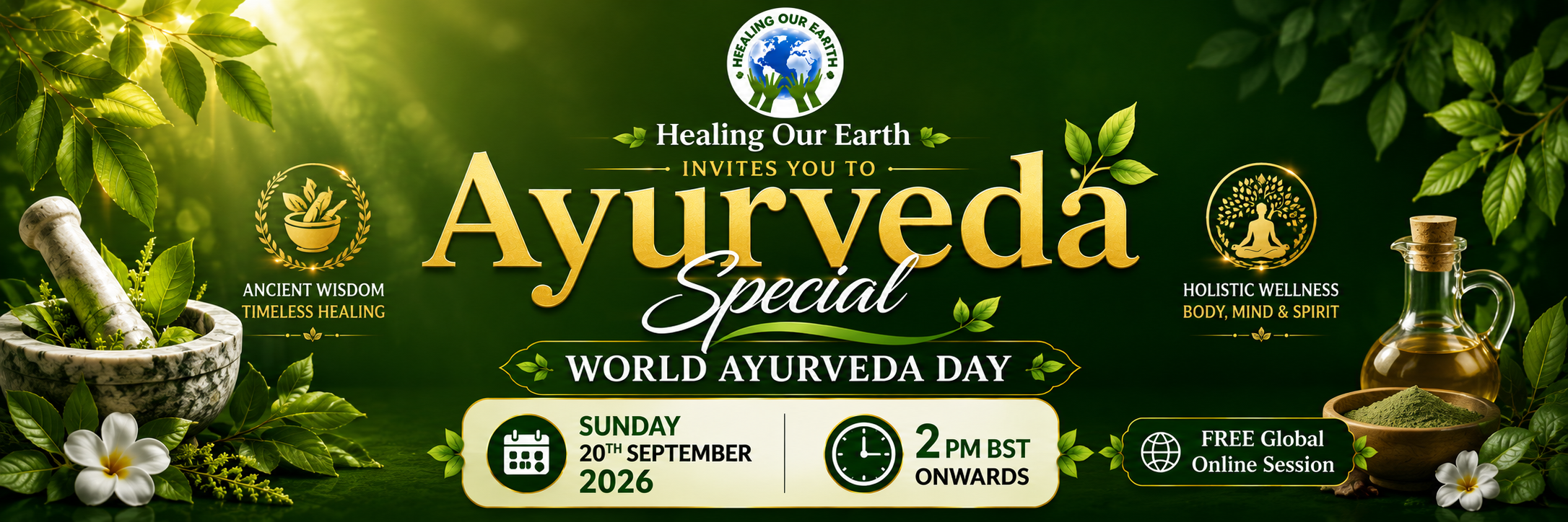 Banner for International Yoga Day Special with a figure in a yoga pose on the left and a meditating silhouette on the right. Event details in bright text: "Sunday 22nd June 2025, 2pm BST onwards." Includes the "Healing Our Earth" logo and website links for more information.