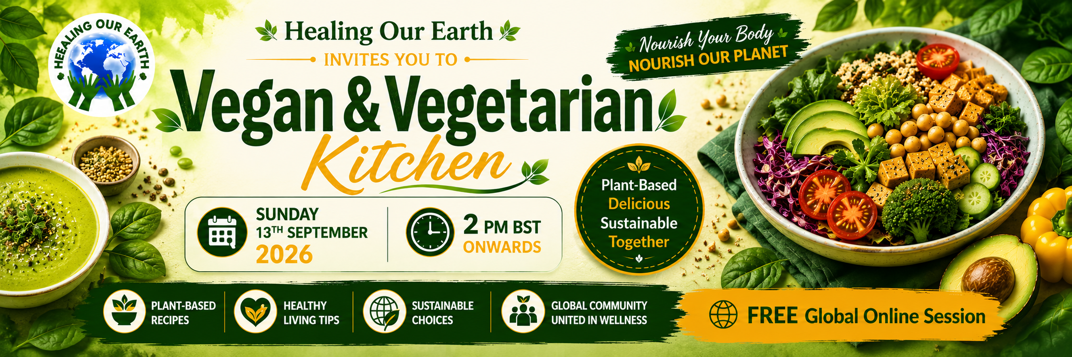 Banner for International Yoga Day Special with a figure in a yoga pose on the left and a meditating silhouette on the right. Event details in bright text: "Sunday 22nd June 2025, 2pm BST onwards." Includes the "Healing Our Earth" logo and website links for more information.
