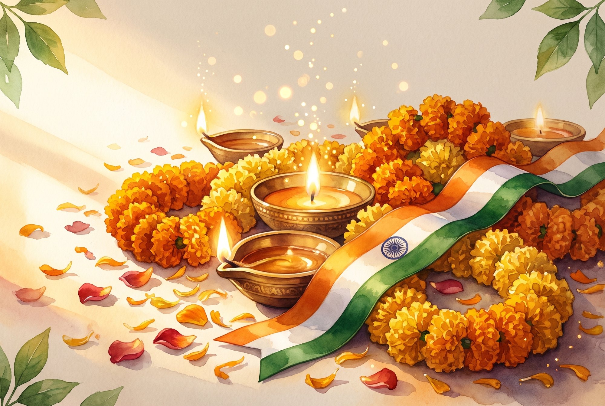 Watercolour of brass diya lamps, marigold garlands and a tricolour ribbon